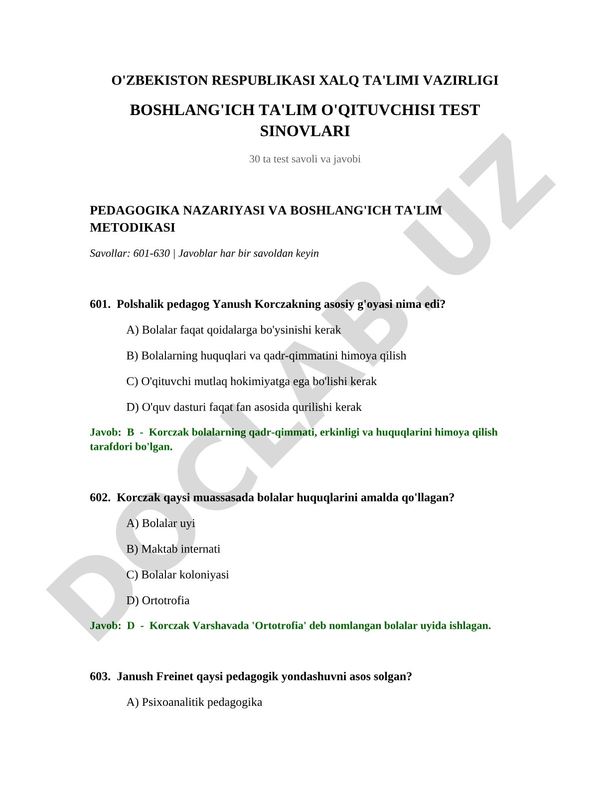 Boshlang'ich ta'lim o'qituvchisi test sinovlari (30 ta test savoli va javobi)