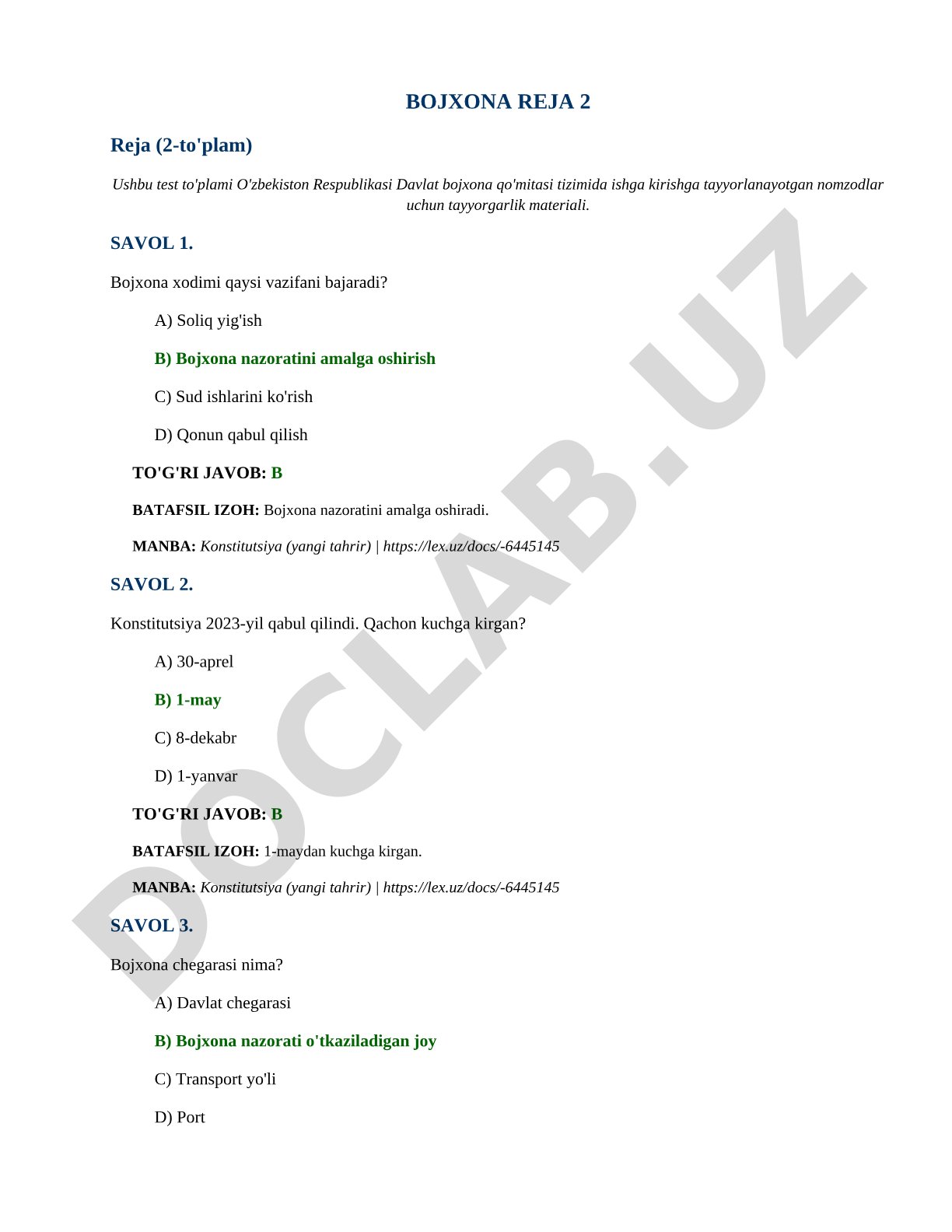 Bojxona organlariga ishga kirish testlari (2-to'plam)