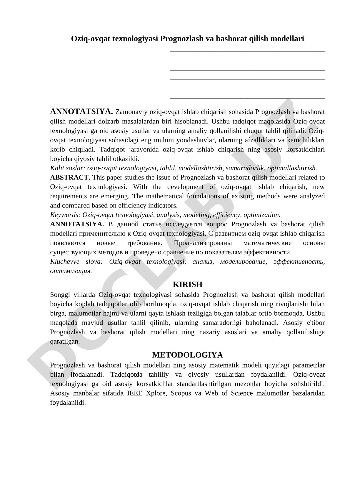 Oziq-ovqat texnologiyasi Prognozlash va bashorat qilish modellari