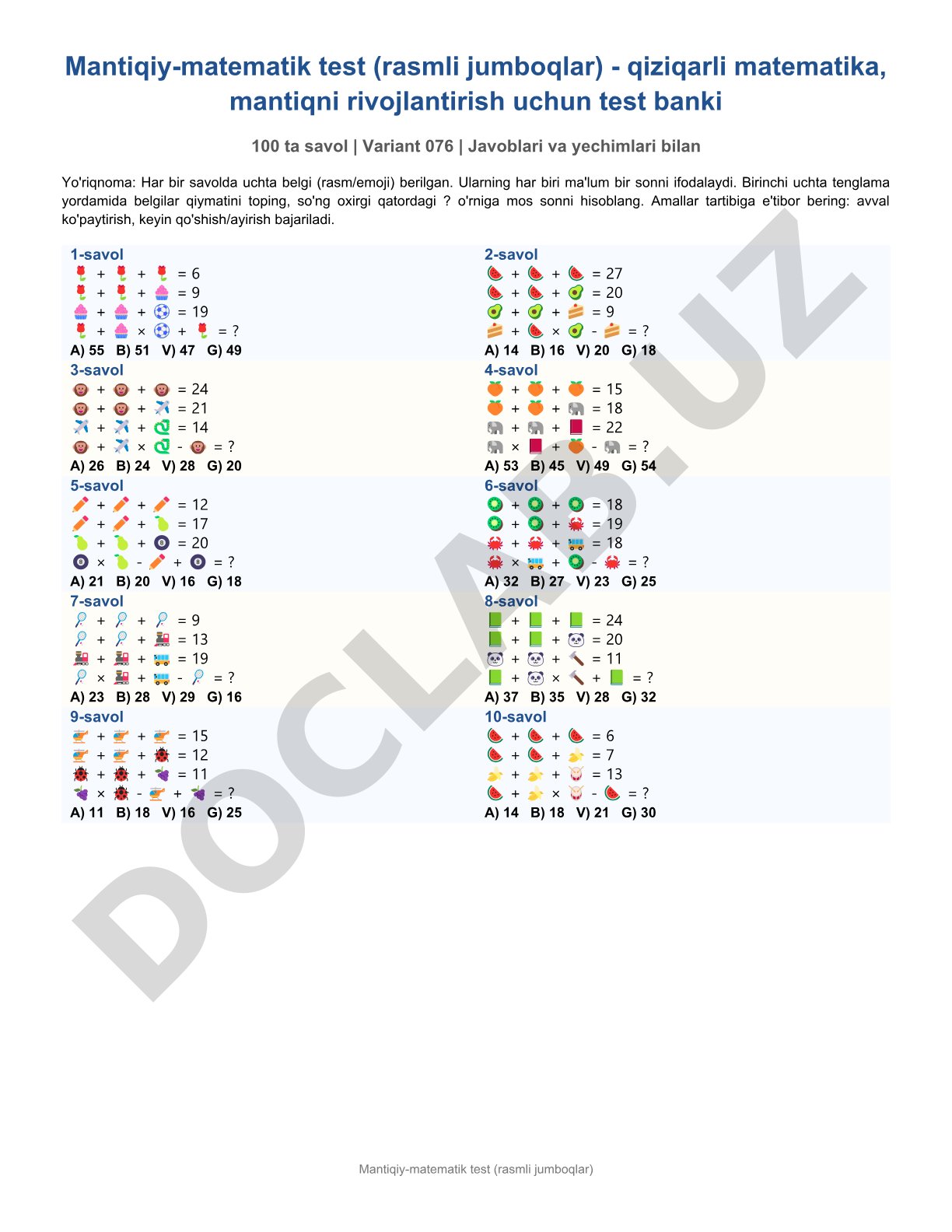 Mantiqiy-matematik test (rasmli jumboqlar)