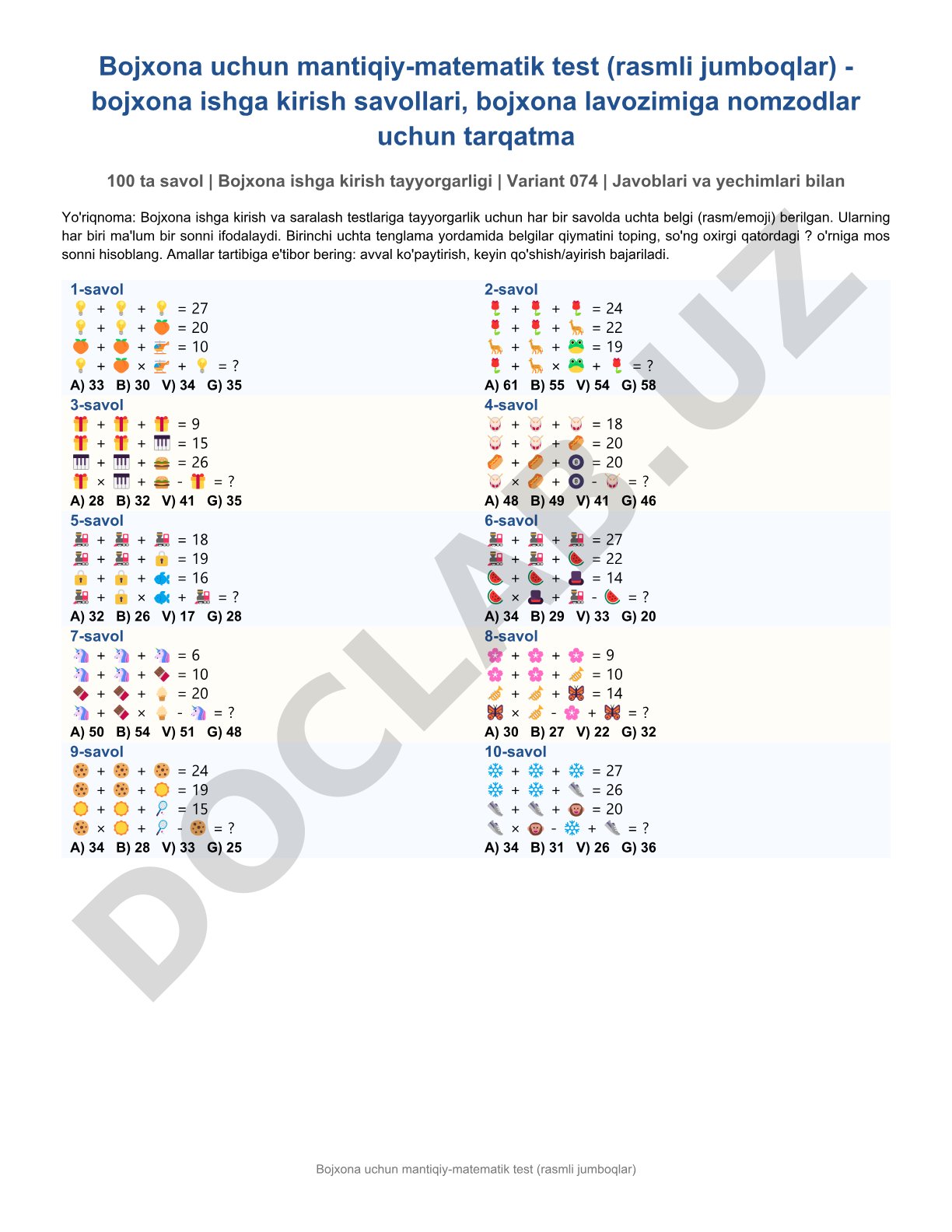 Bojxona uchun mantiqiy-matematik test (rasmli jumboqlar)