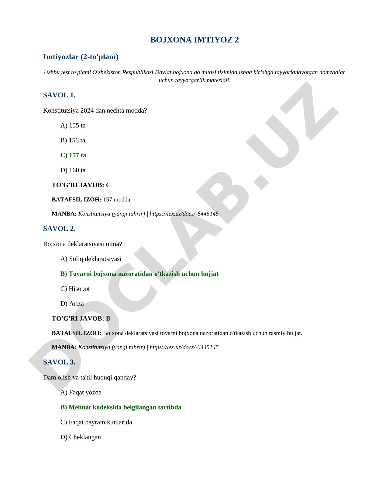 Bojxona imtiyozlari bo'yicha test savollari