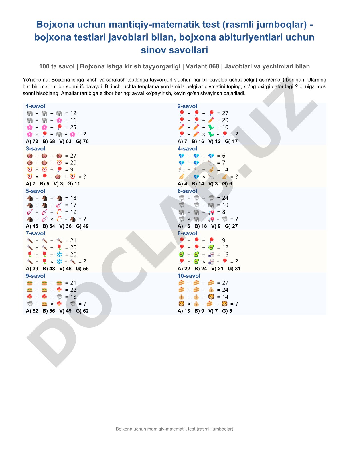 Bojxona uchun mantiqiy-matematik test (rasmli jumboqlar)