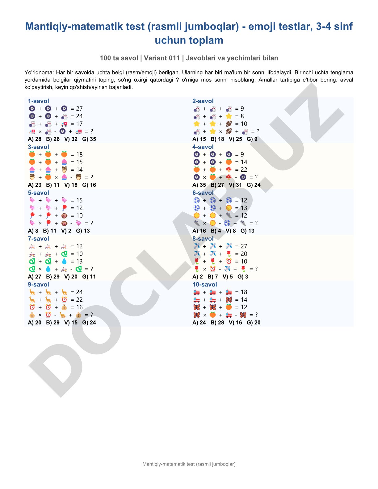 Mantiqiy-matematik test (rasmli jumboqlar)