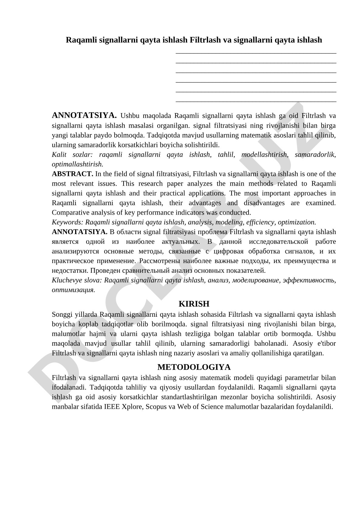 Raqamli signallarni qayta ishlashda filtrlash va signallarni qayta ishlash