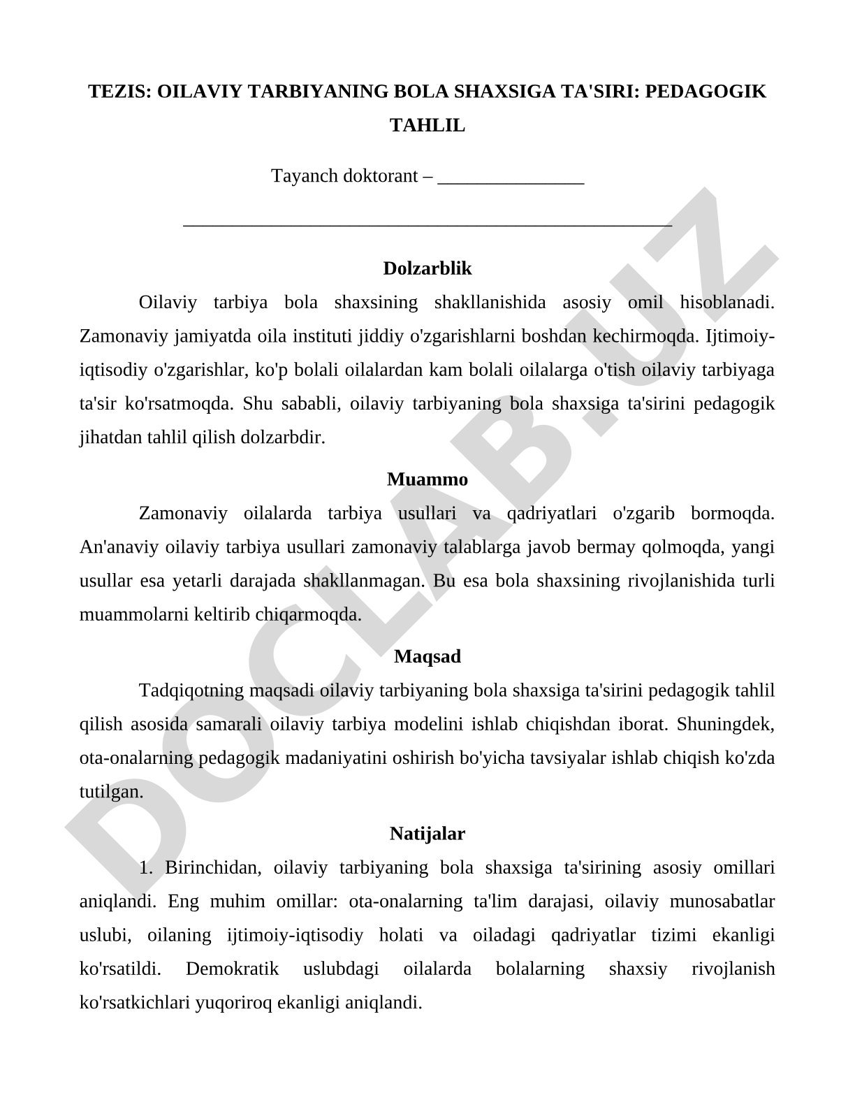 OILAVIY TARBIYANING BOLA SHAXSIGA TA'SIRI: PEDAGOGIK TAHLIL