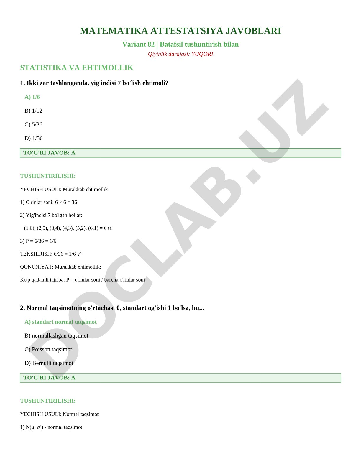 Matematika attestatsiya javoblari variant 82