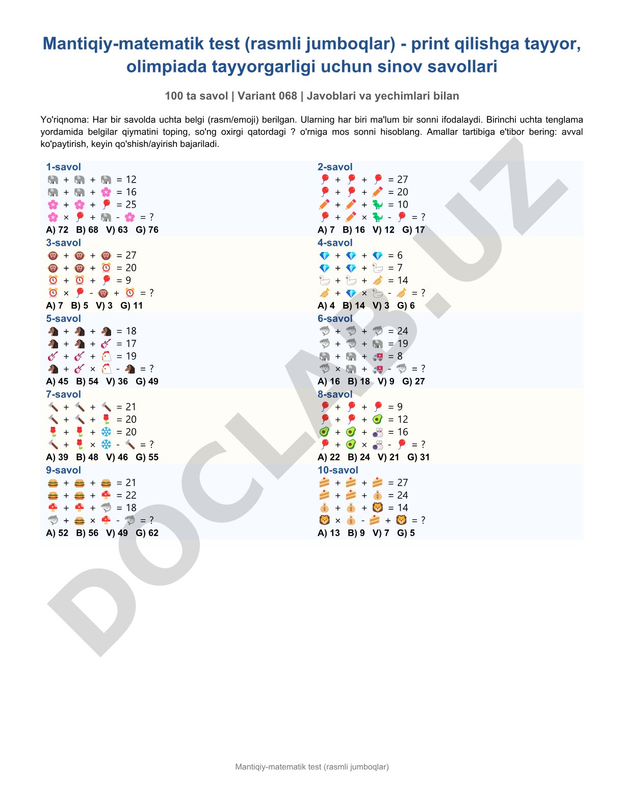Mantiqiy-matematik test (rasmli jumboqlar)