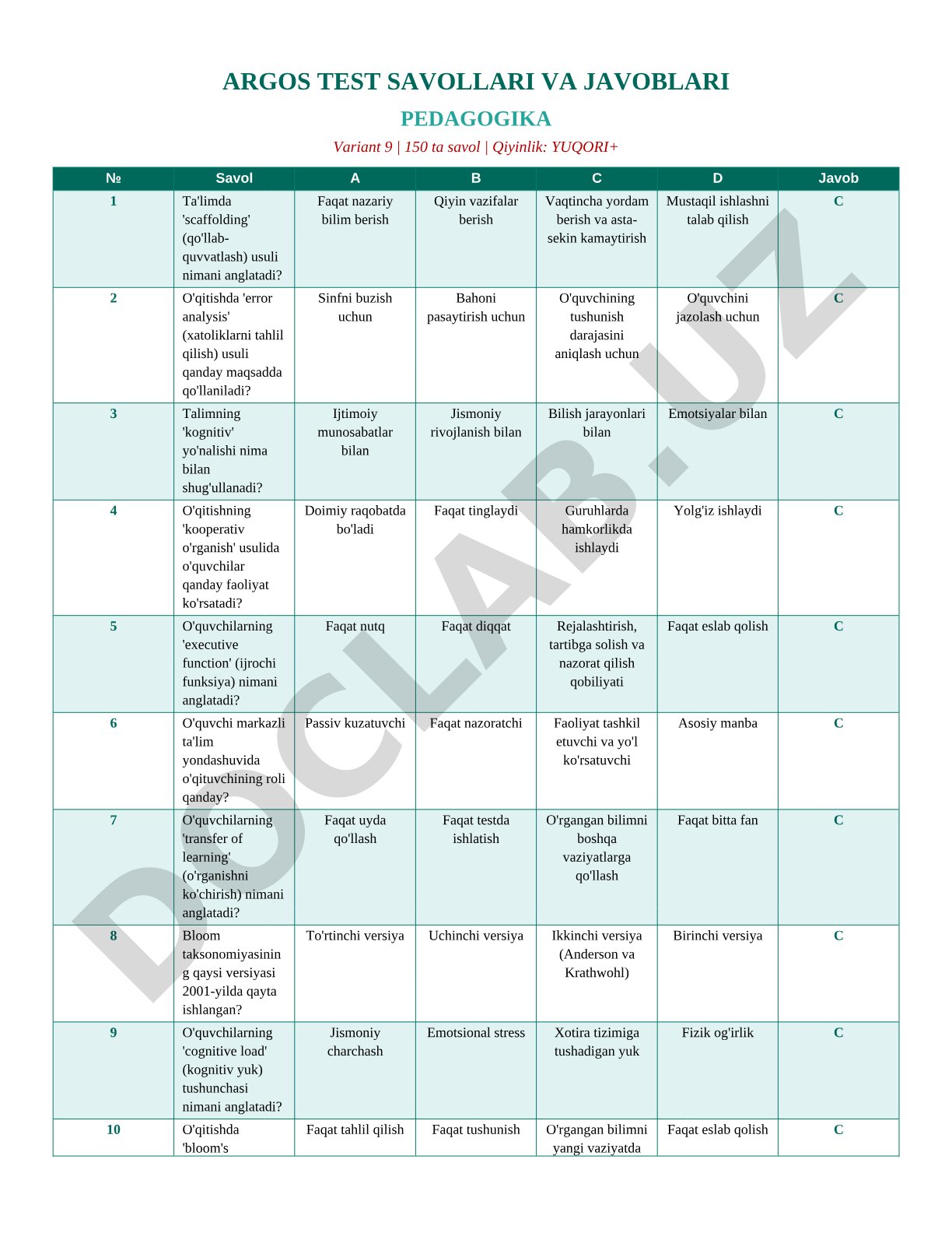 ARGOS TEST SAVOLLARI VA JAVOBLARI PEDAGOGIKA Variant 9