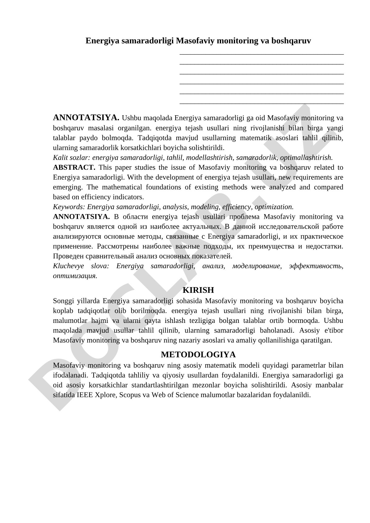 Energiya samaradorligi masofaviy monitoring va boshqaruv