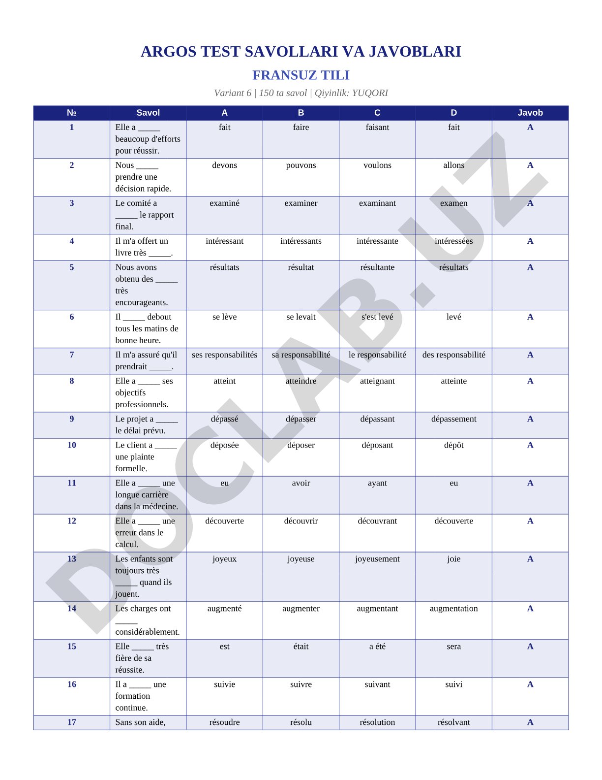Test de français, variante 6, 150 questions
