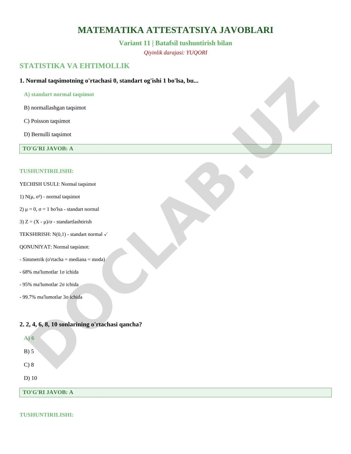 Matematika attestatsiya javoblari (Variant 11): Statistika va ehtimollik