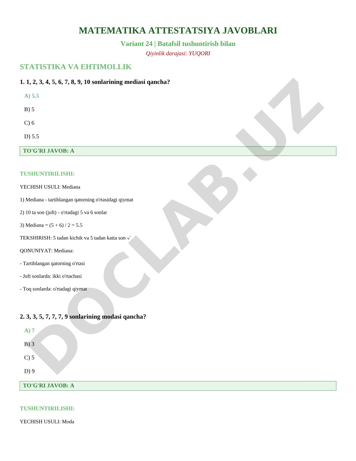 Matematika attestatsiya javoblari Variant 24