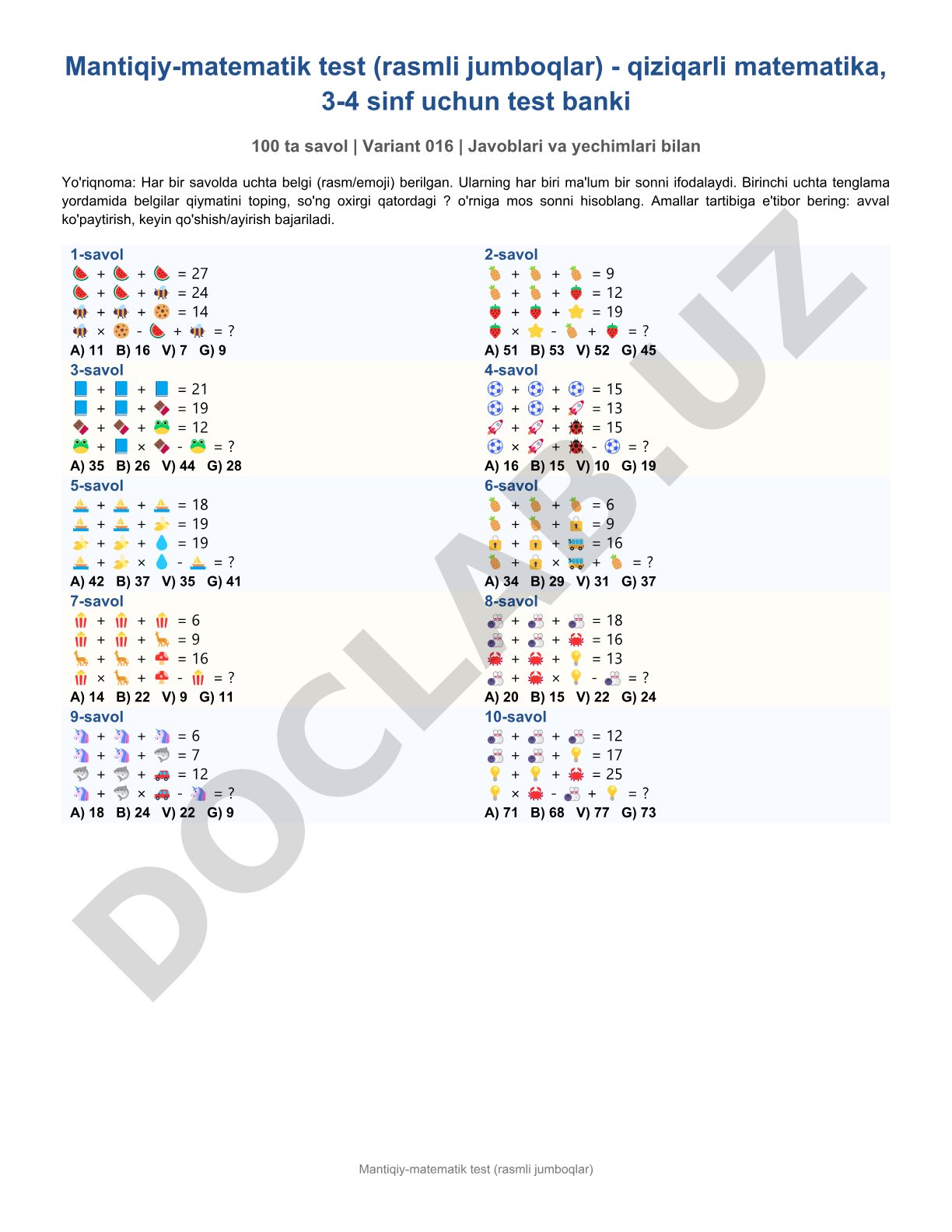 Mantiqiy-matematik test (rasmli jumboqlar)