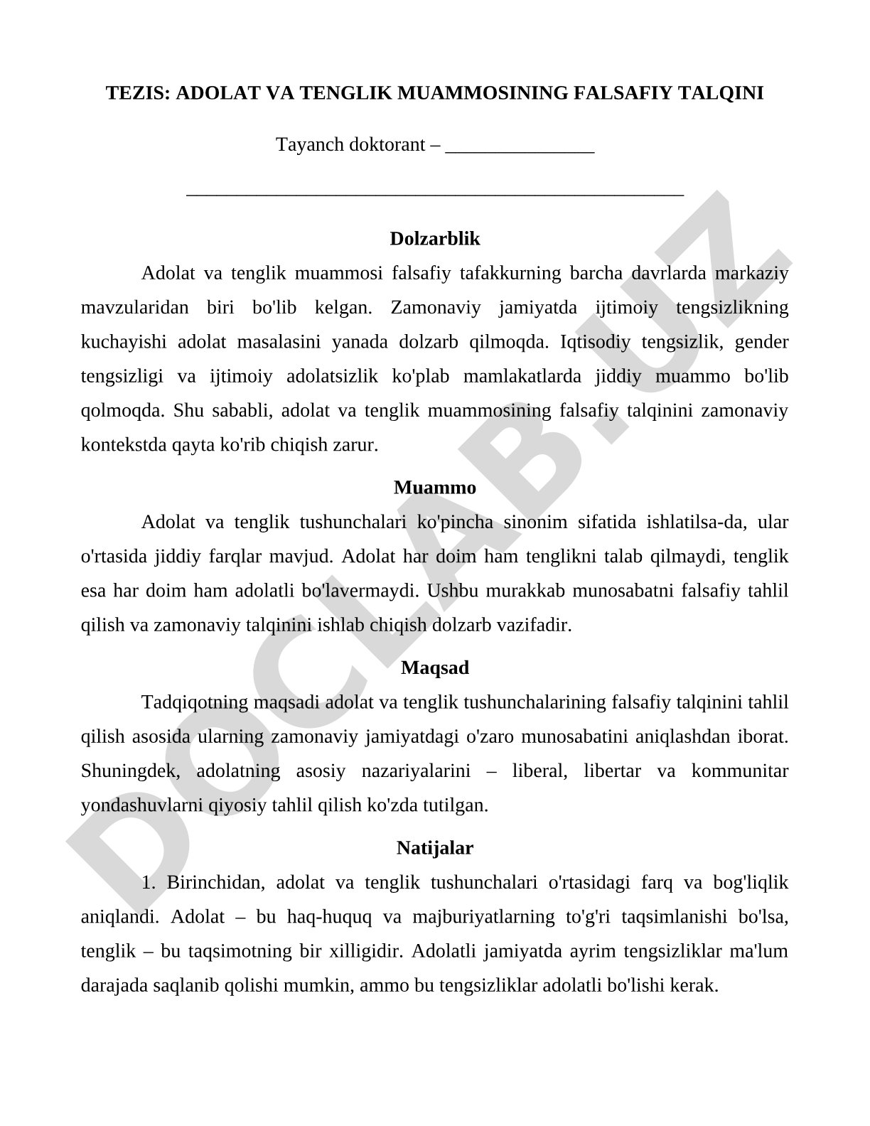 Adolat va tenglik muammosining falsafiy talqini