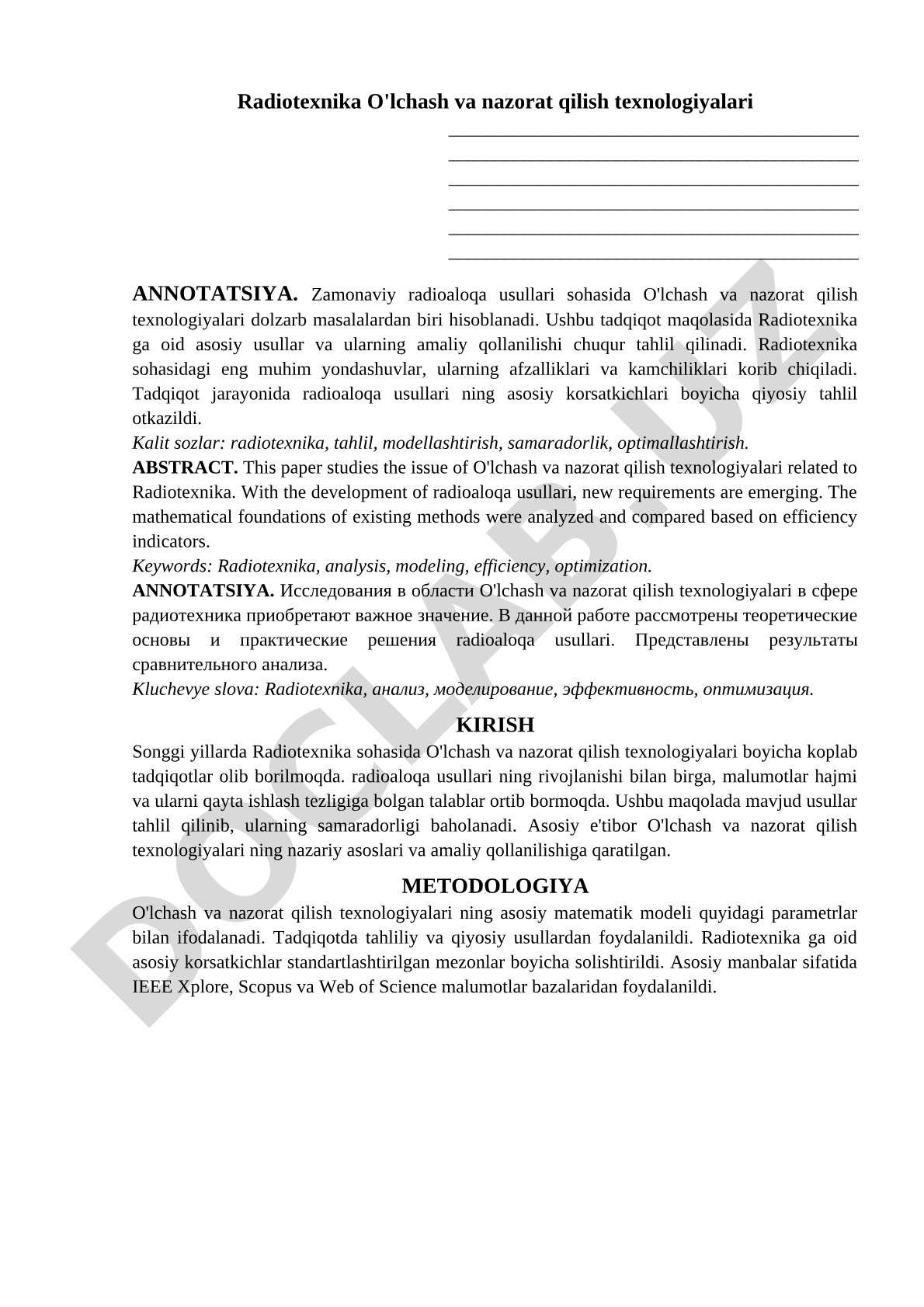 Radiotexnika O'lchash va nazorat qilish texnologiyalari