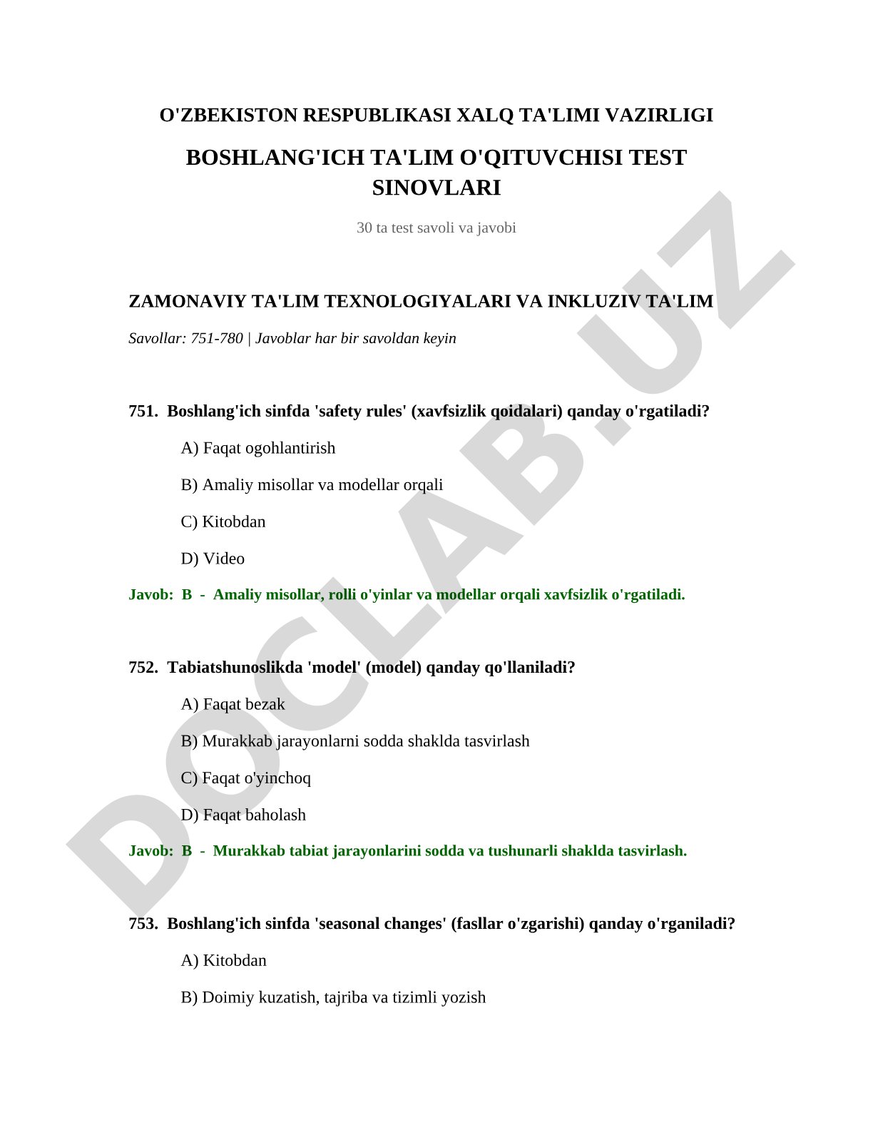 Boshlang'ich ta'lim o'qituvchisi test sinovlari: zamonaviy ta'lim texnologiyalari va inkluziv ta'lim