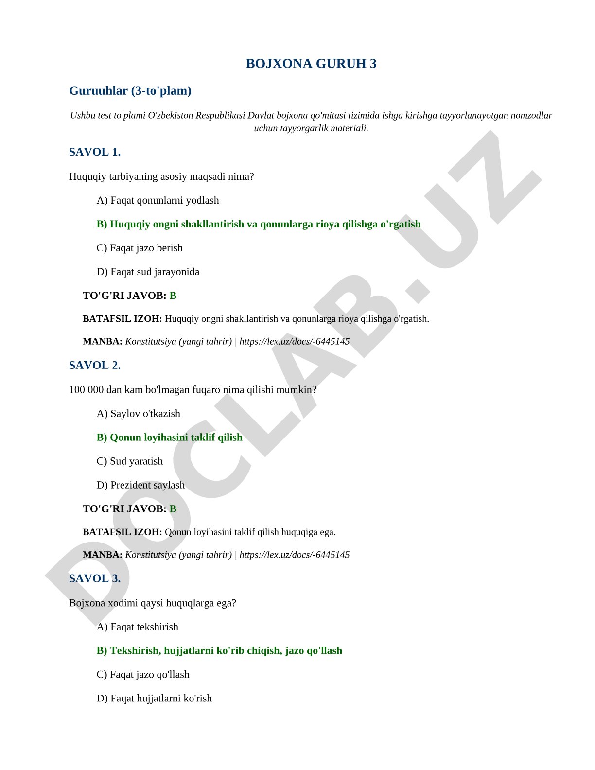 Bojxona guruh 3 test to'plami
