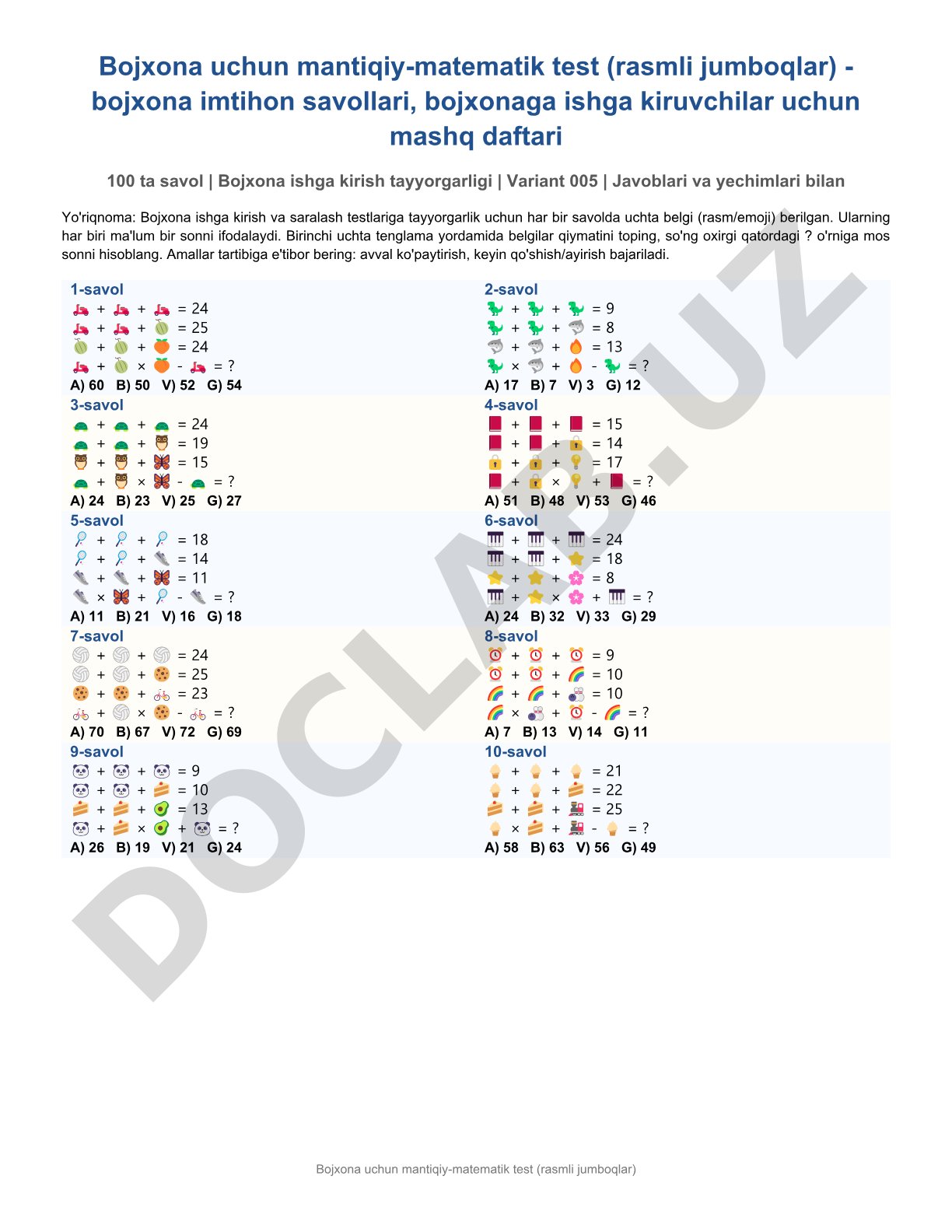 Bojxona uchun mantiqiy-matematik test (rasmli jumboqlar)