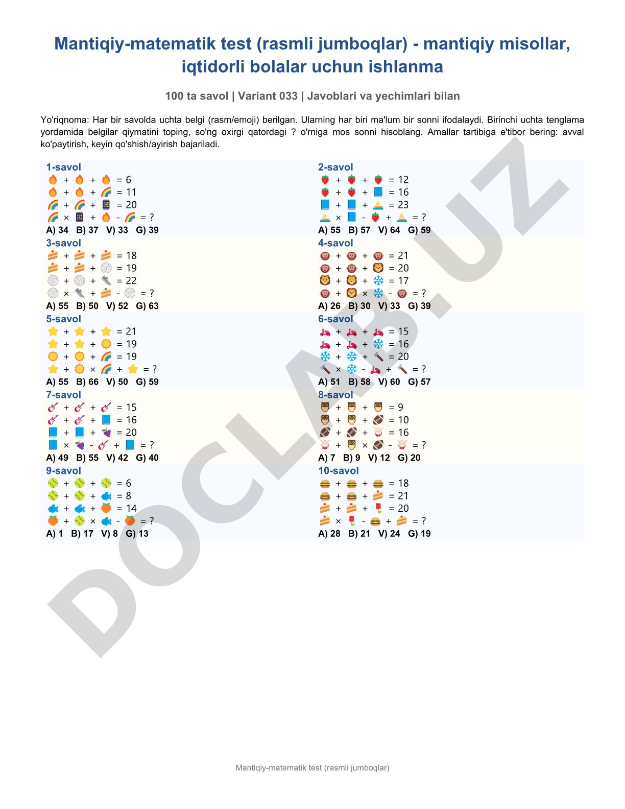 Mantiqiy-matematik test (rasmli jumboqlar) - mantiqiy misollar, iqtidorli bolalar uchun ishlanma 100 ta savol | Variant 033 | Javoblari va yechimlari bilan