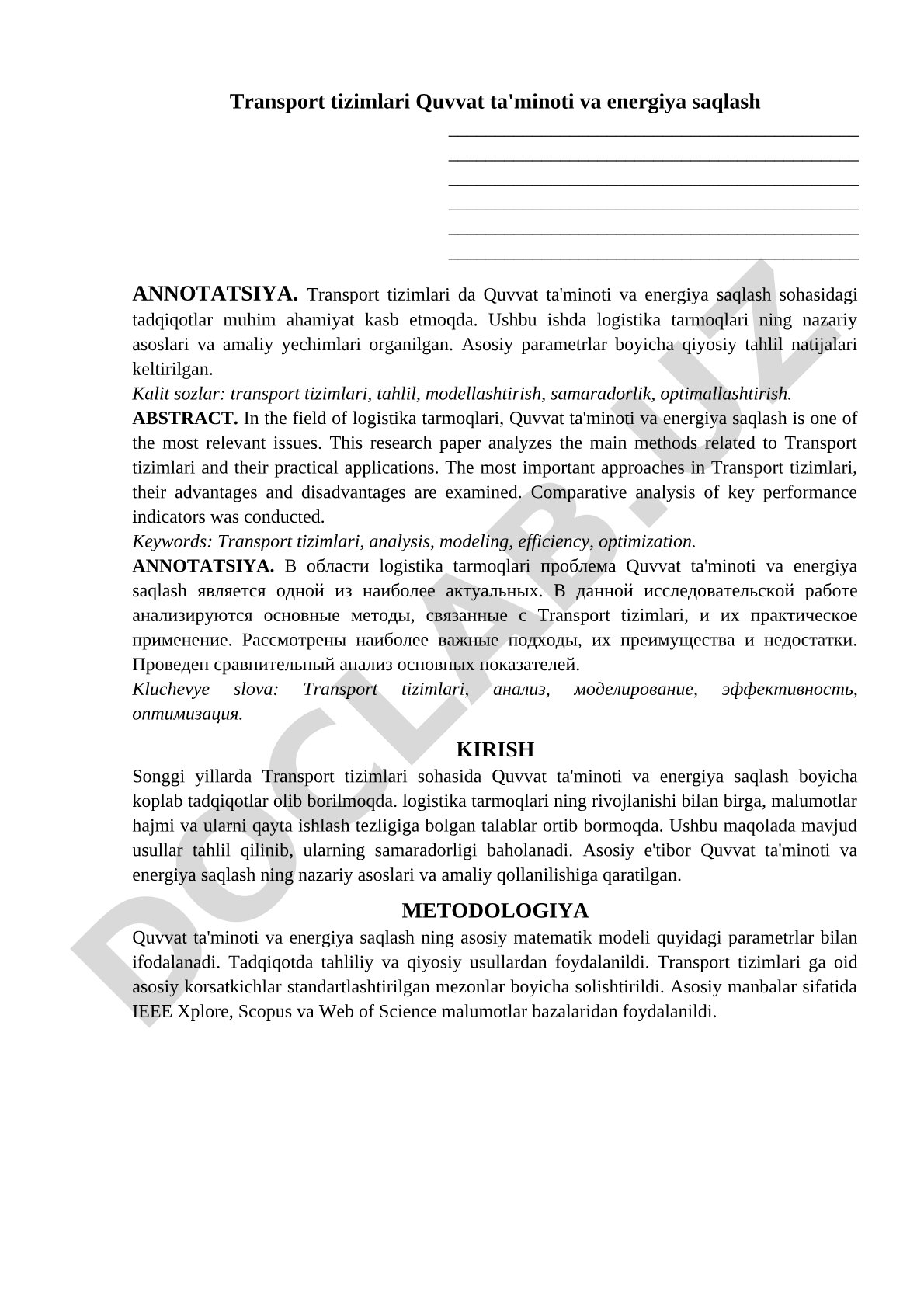 Transport tizimlari Quvvat ta'minoti va energiya saqlash