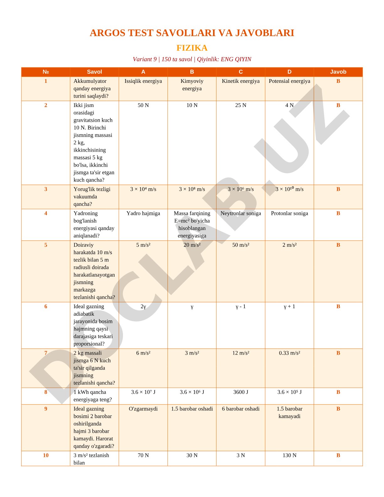 Fizika test savollari (Variant 9)