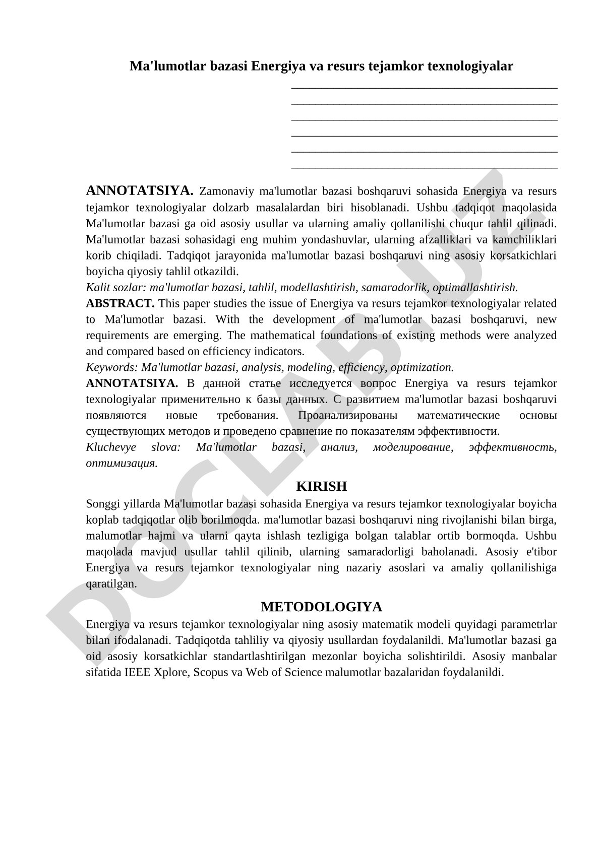 Ma'lumotlar bazasi Energiya va resurs tejamkor texnologiyalar