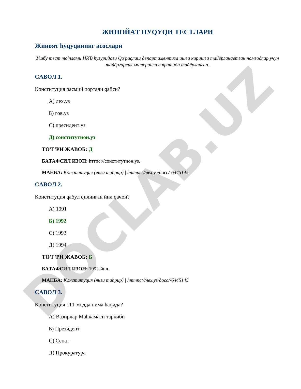 Jinoyat huquqi testlari