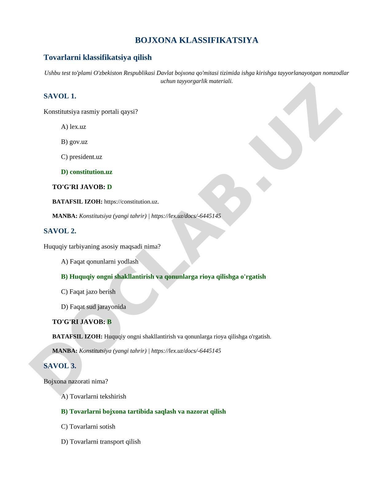 Bojxona qo'mitasiga nomzodlar uchun testlar