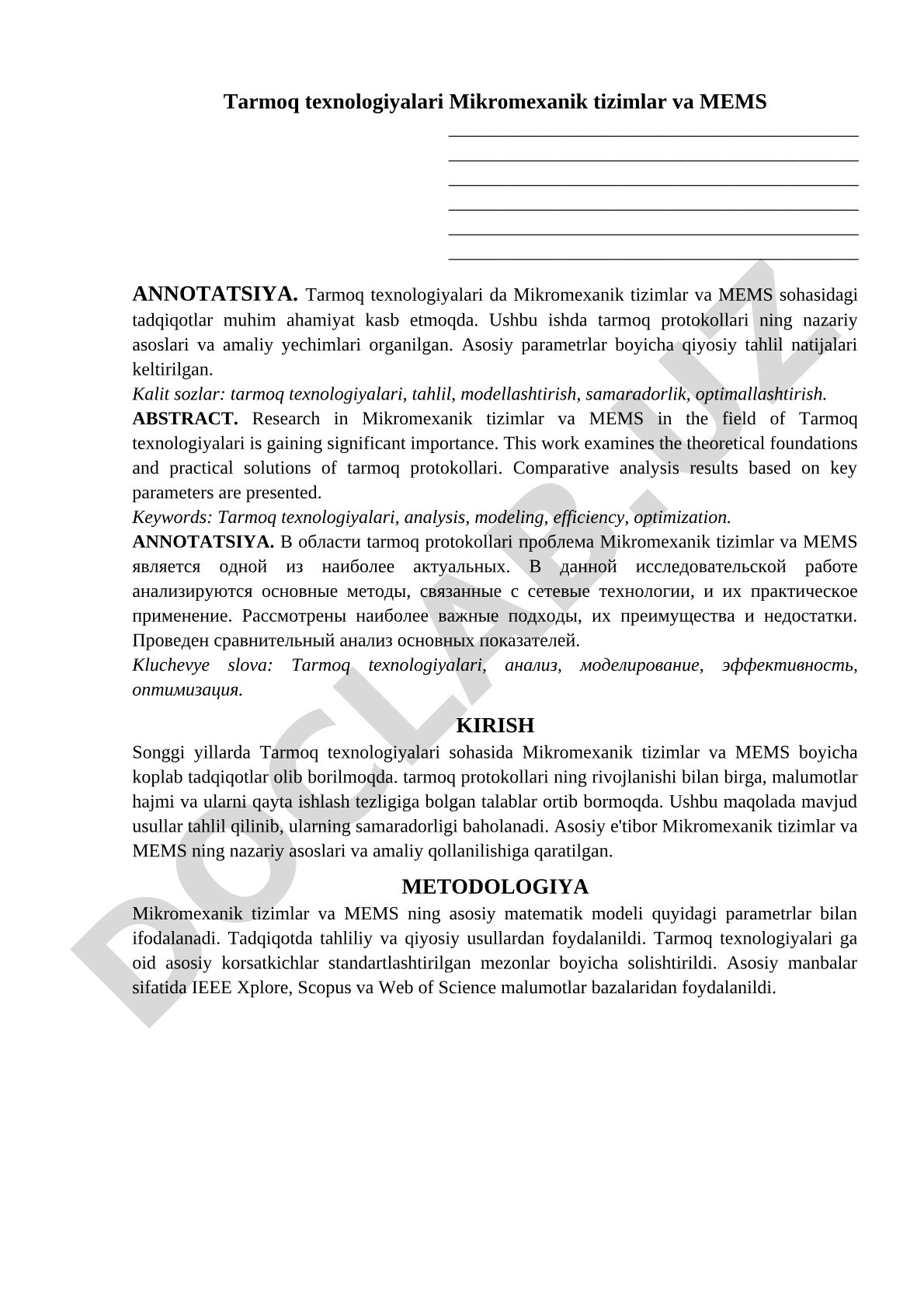 Tarmoq texnologiyalari Mikromexanik tizimlar va MEMS