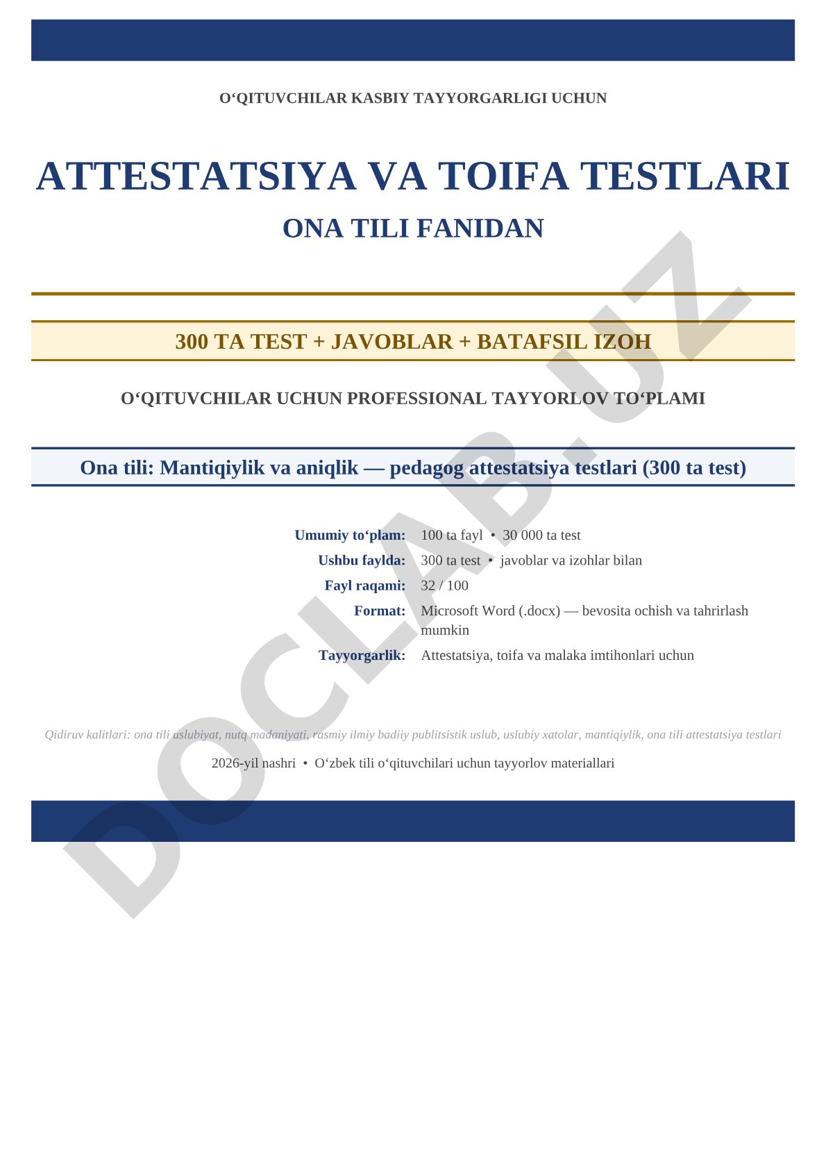 Ona tili fanidan attestatsiya testlari to‘plami