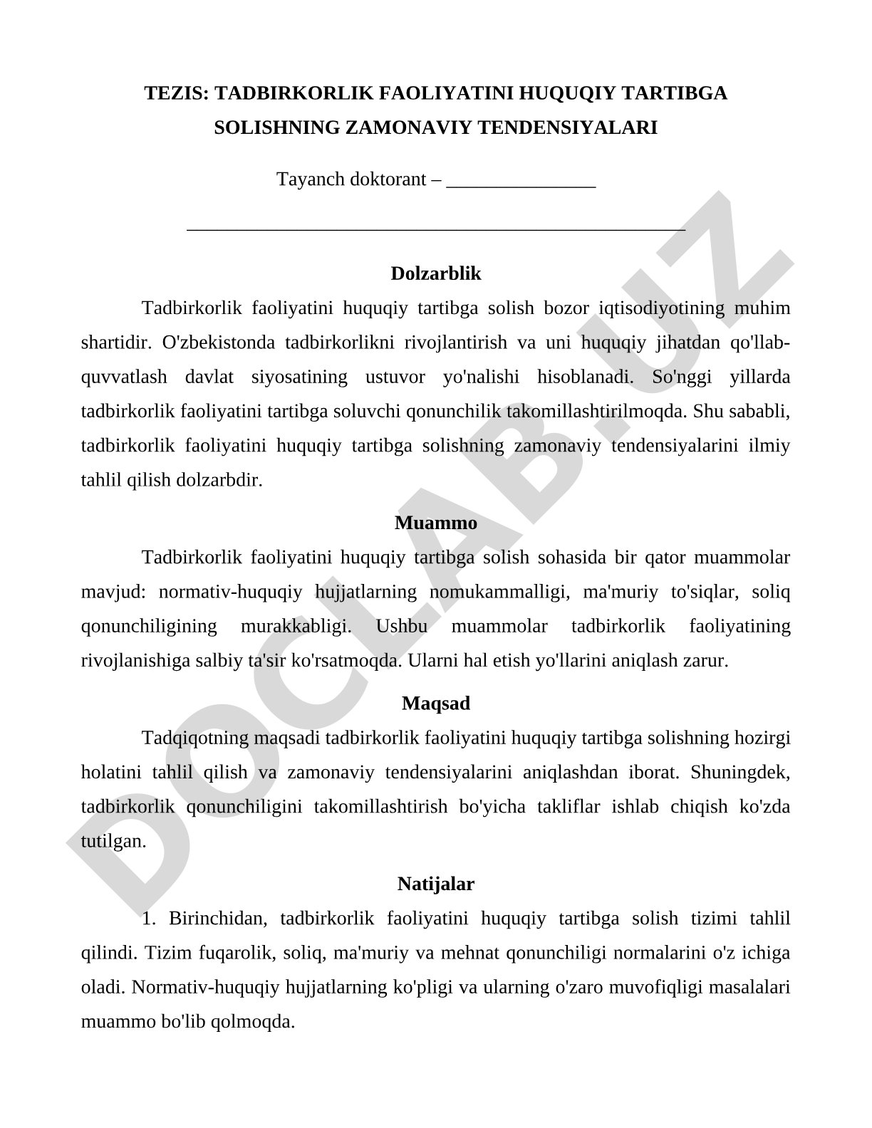 Tadbirkorlik faoliyatini huquqiy tartibga solishning zamonaviy tendensiyalari