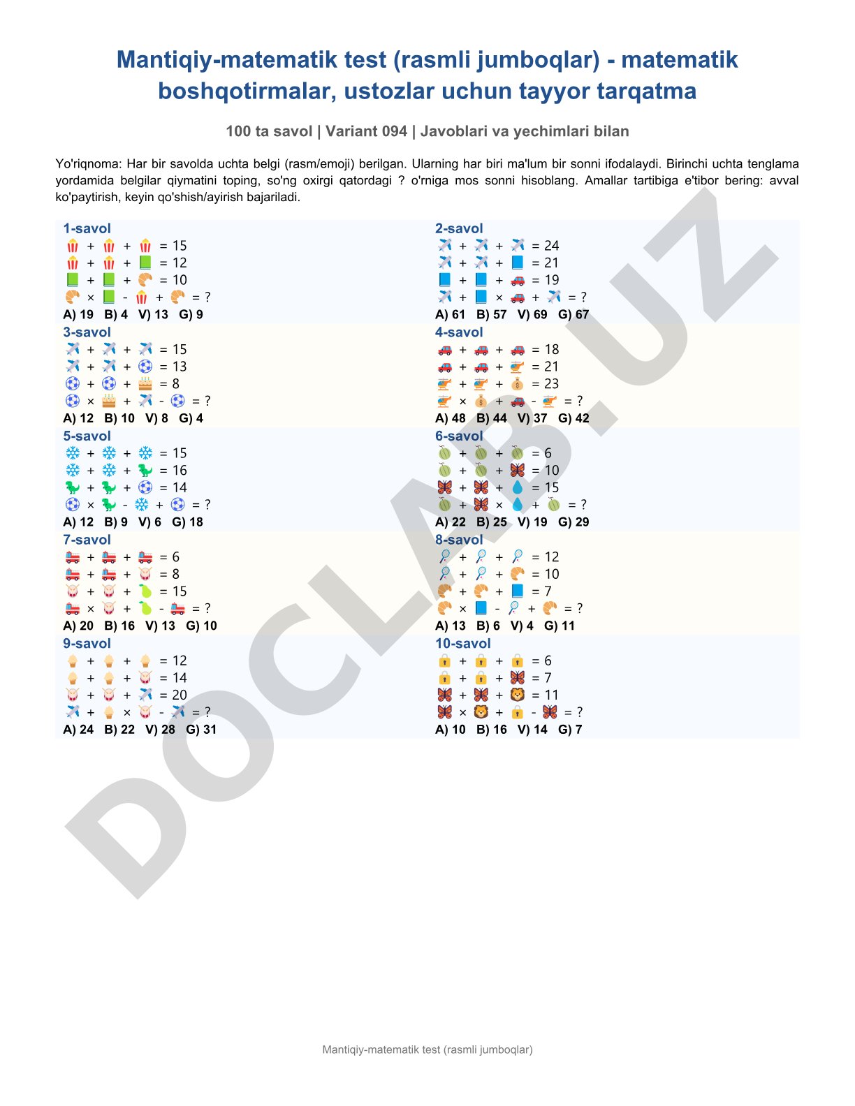 Mantiqiy-matematik test (rasmli jumboqlar)