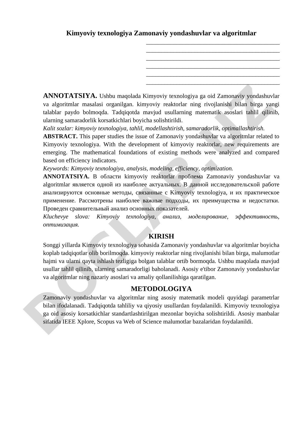 Kimyoviy texnologiya Zamonaviy yondashuvlar va algoritmlar