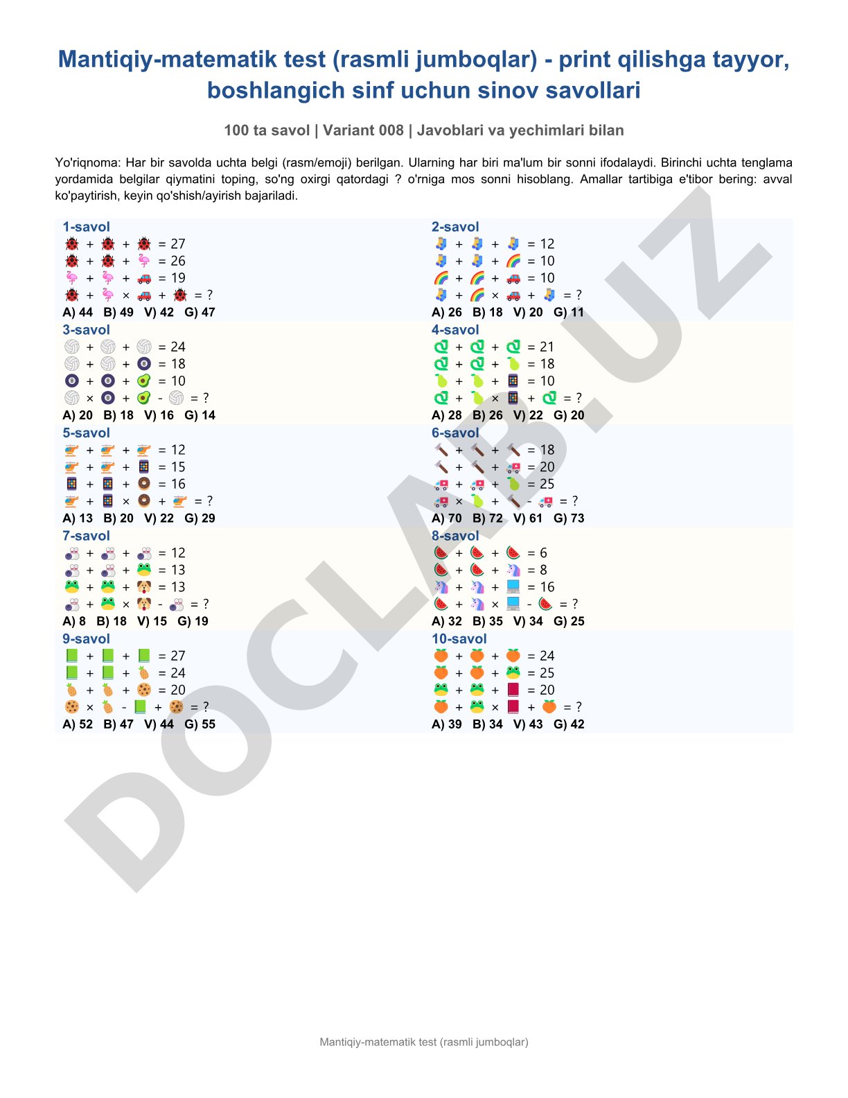 Mantiqiy-matematik test (rasmli jumboqlar)