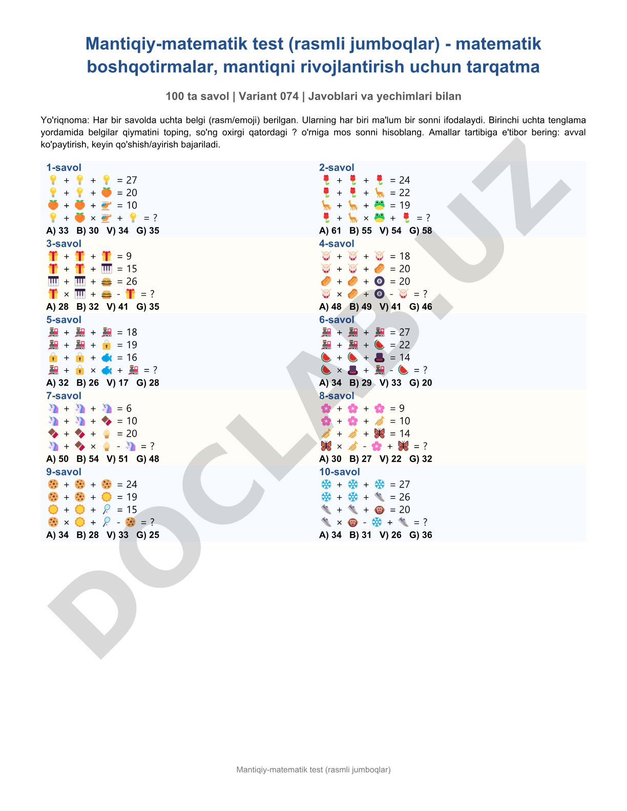 Mantiqiy-matematik test (rasmli jumboqlar)
