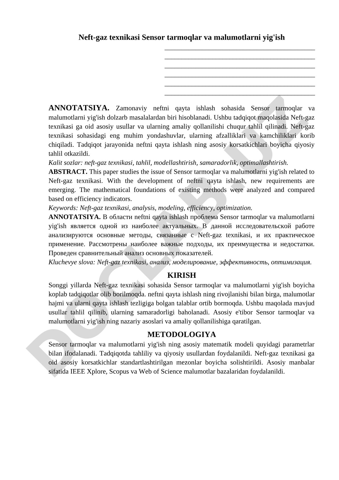 Neft-gaz texnikasi Sensor tarmoqlar va malumotlarni yig'ish