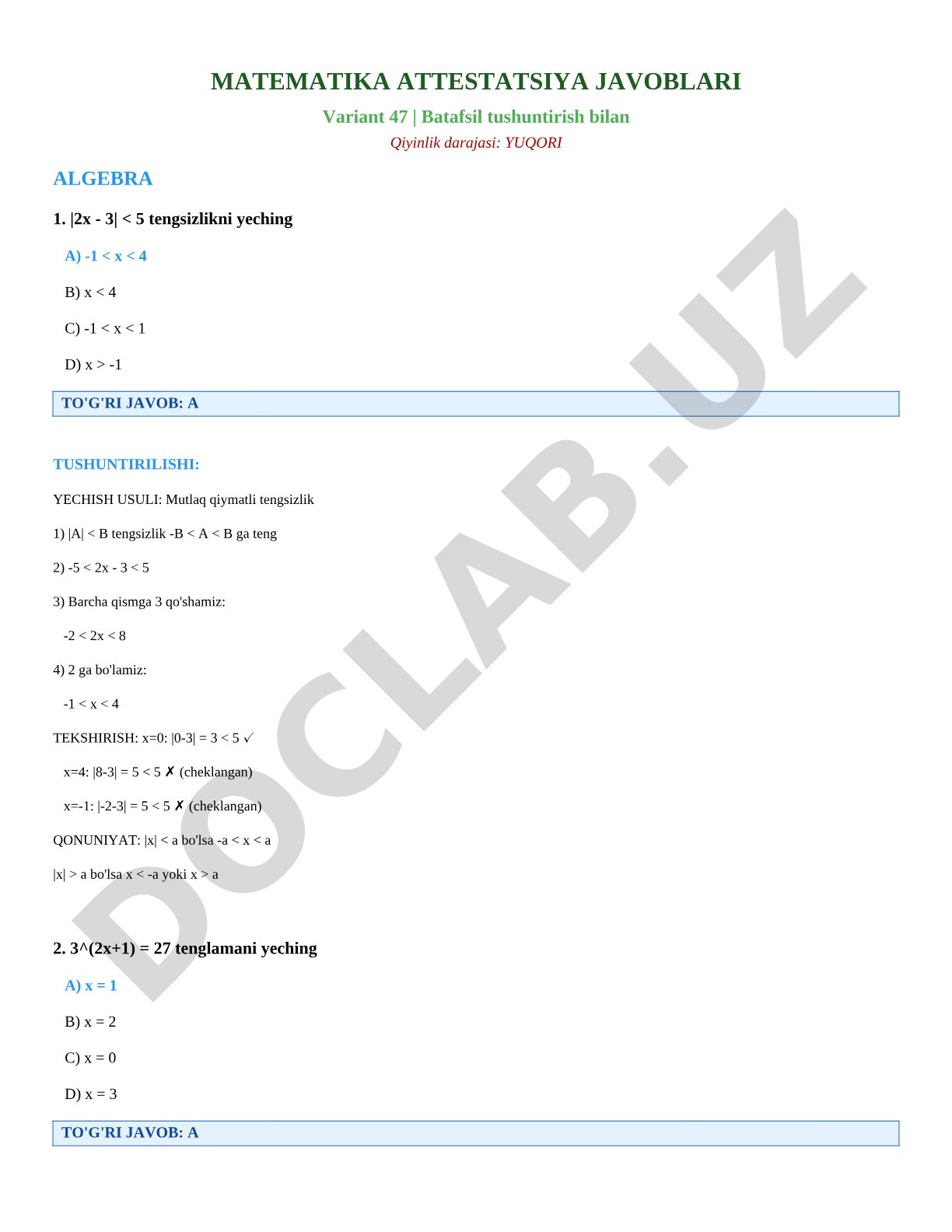 Matematika attestatsiya javoblari variant 47