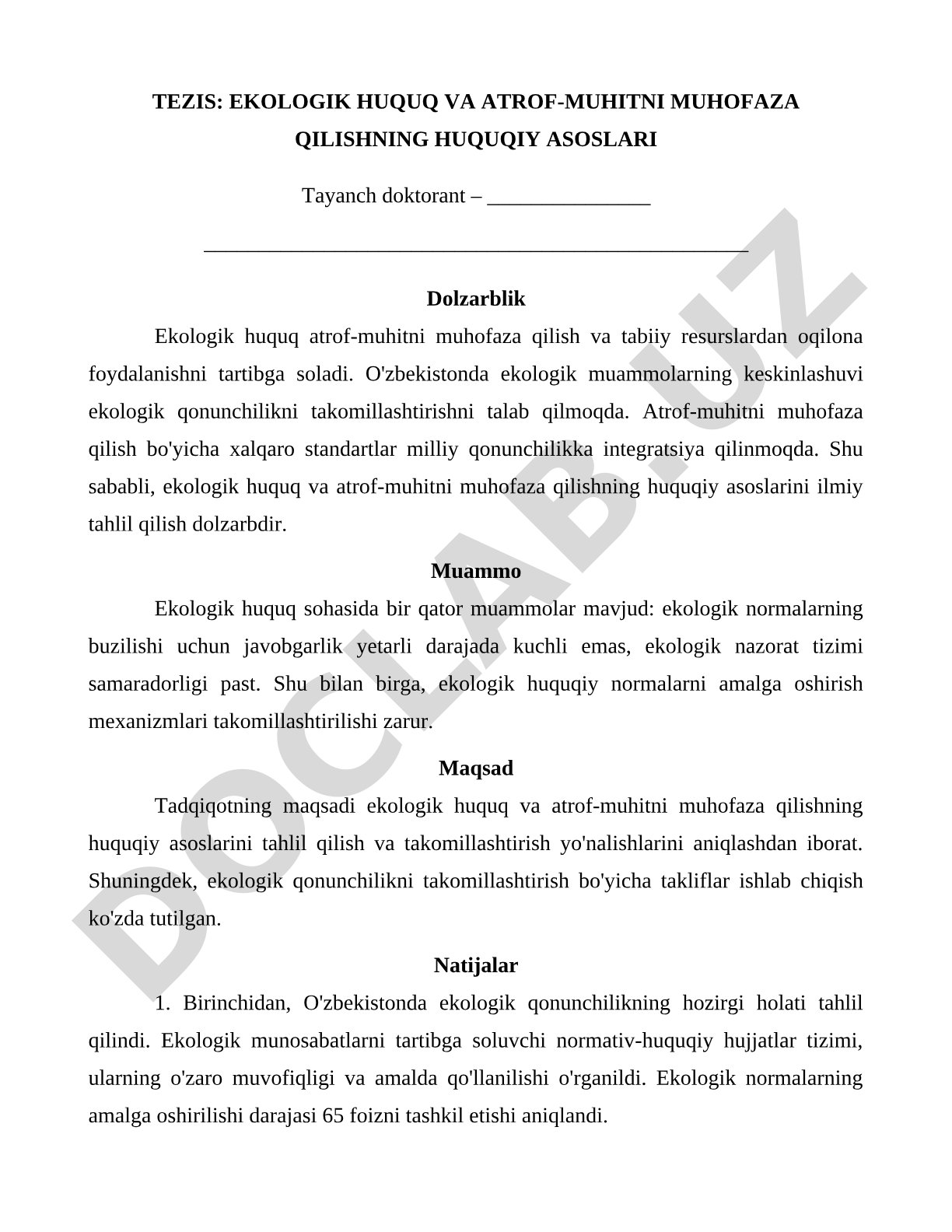 Ekologik huquq va atrof-muhitni muhofaza qilishning huquqiy asoslari