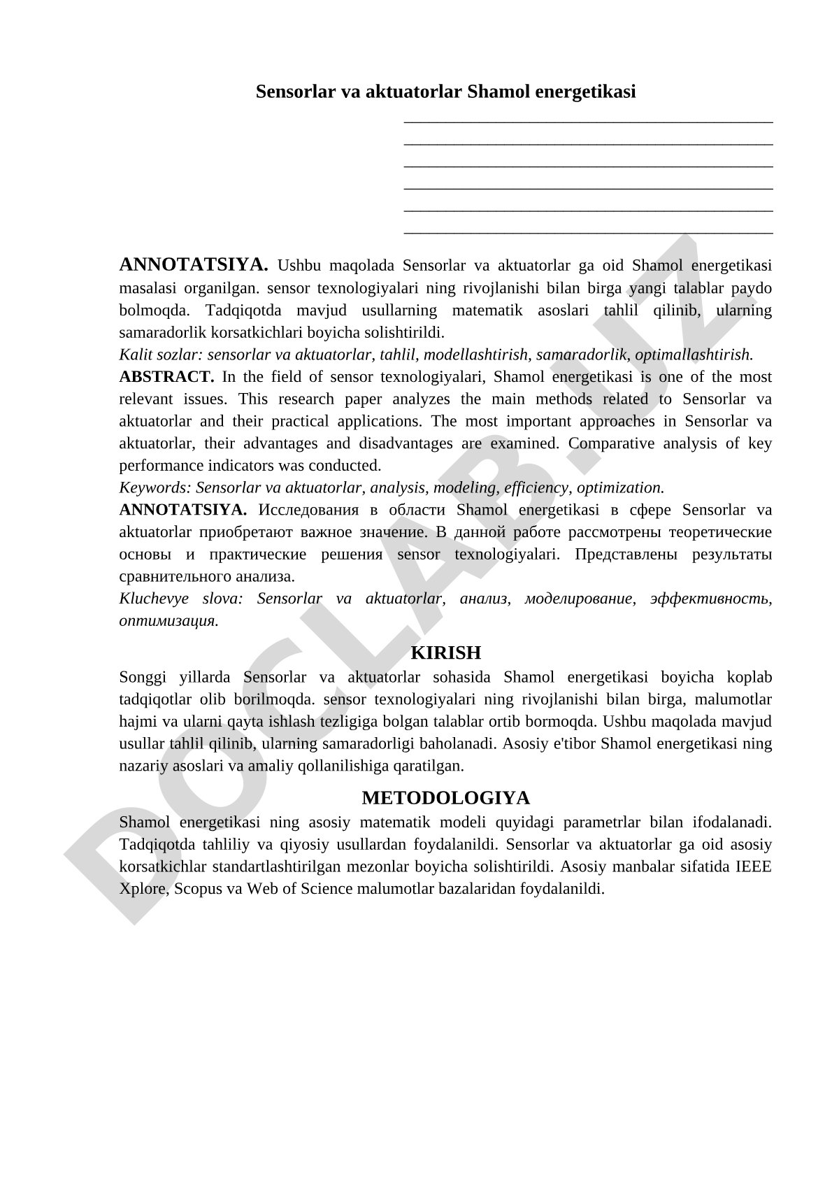 Sensorlar va aktuatorlar Shamol energetikasi