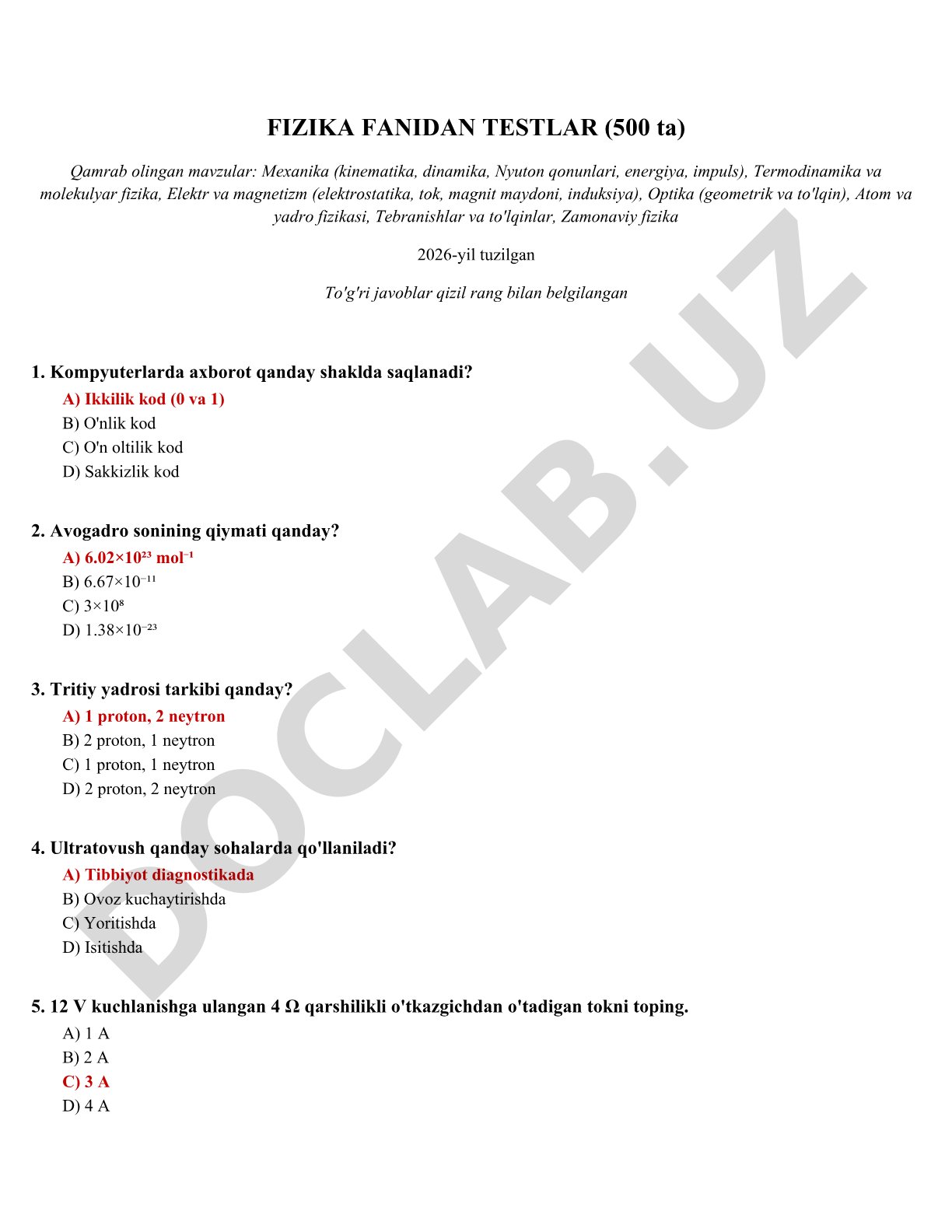Fizika fanidan testlar (500 ta)