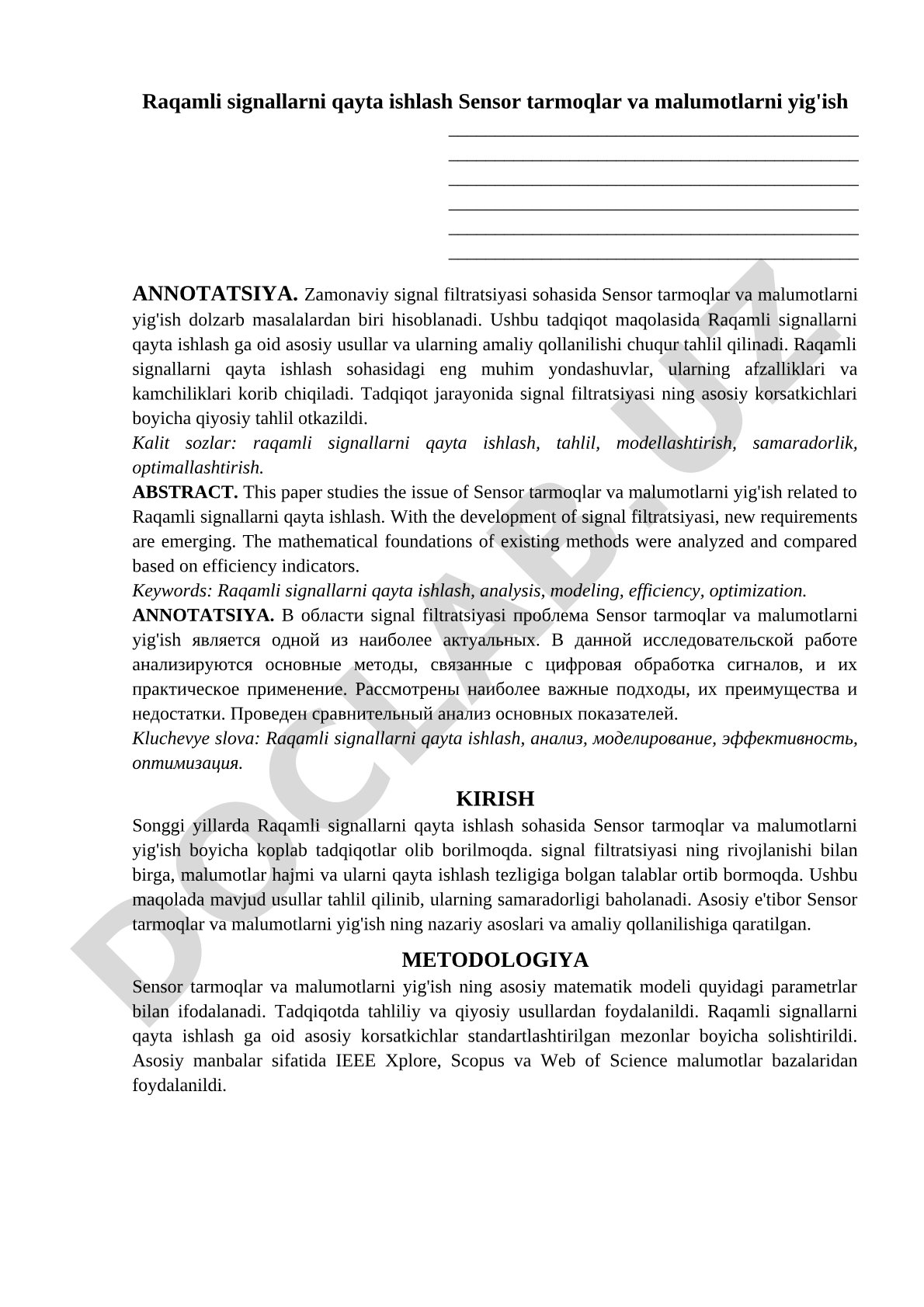 Raqamli signallarni qayta ishlash Sensor tarmoqlar va ma'lumotlarni yig'ish