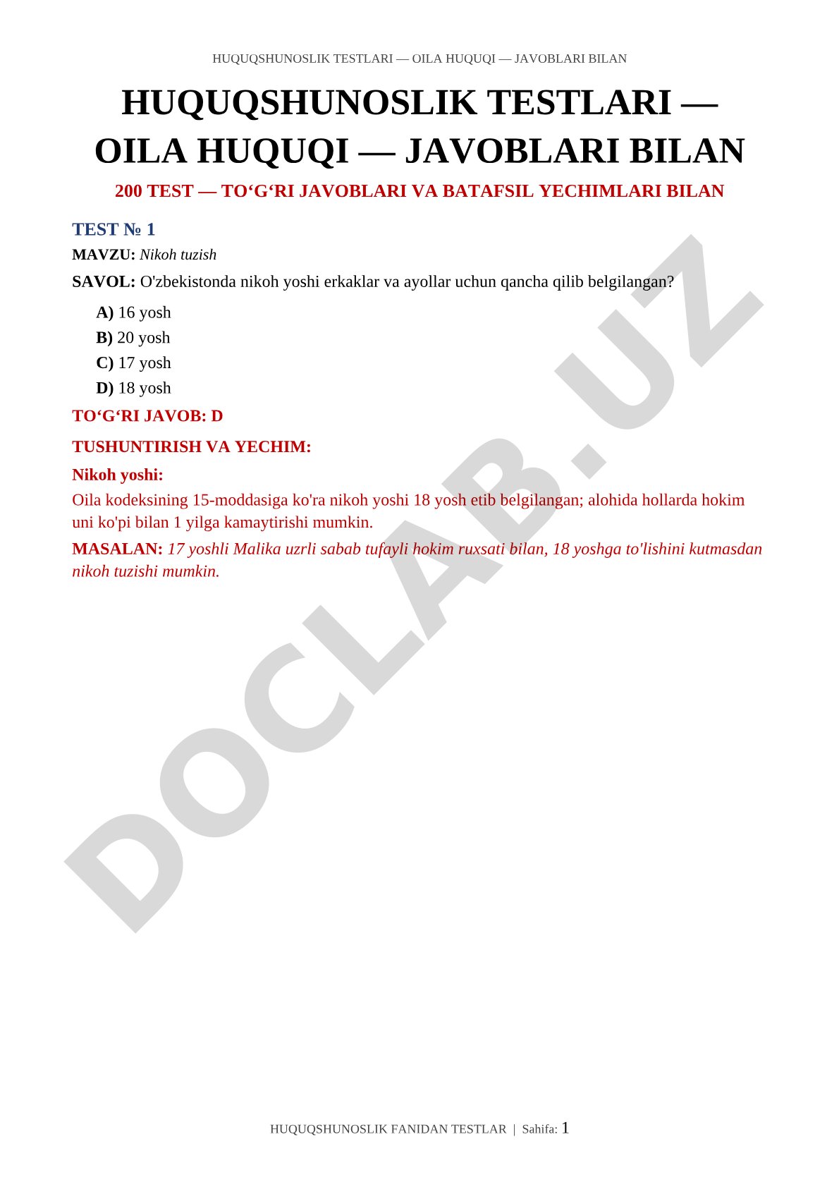 Huquqshunoslik testlari: Oila huquqi, 200 savol javoblar bilan