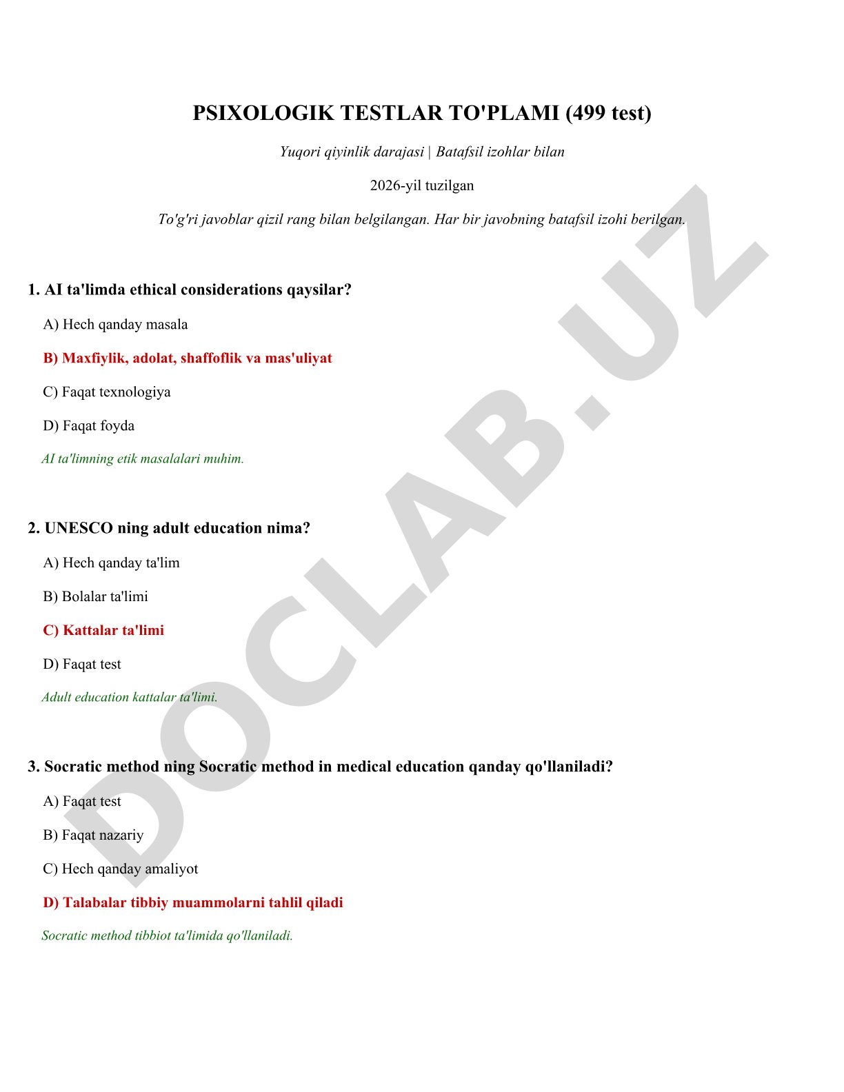 Psixologik testlar to'plami (499 test)