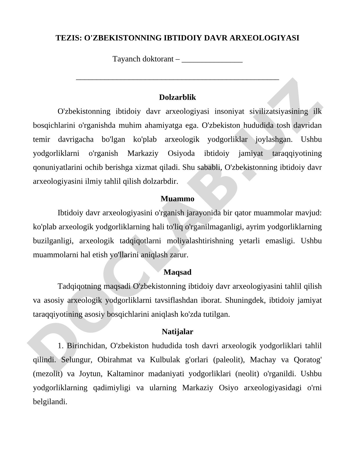 O'zbekistonning ibtidoiy davr arxeologiyasi