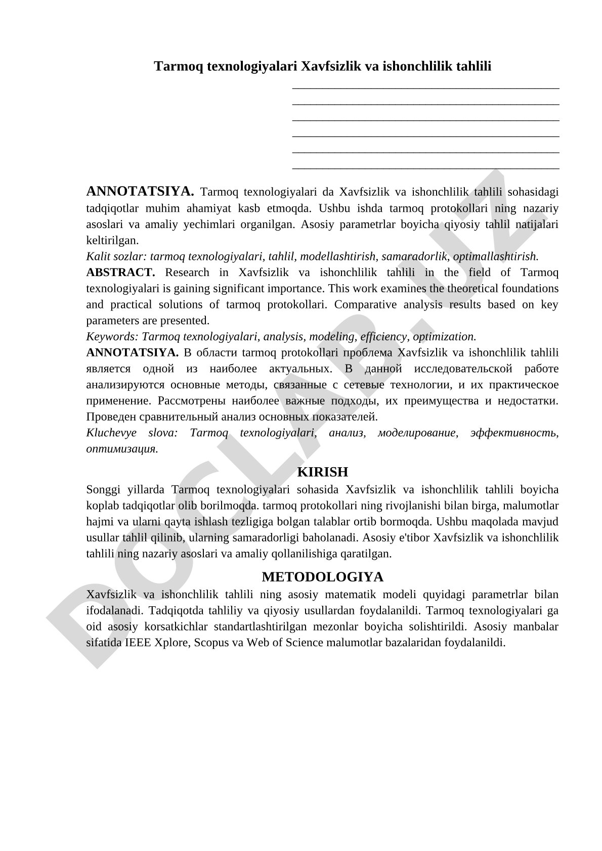 Tarmoq texnologiyalari Xavfsizlik va ishonchlilik tahlili