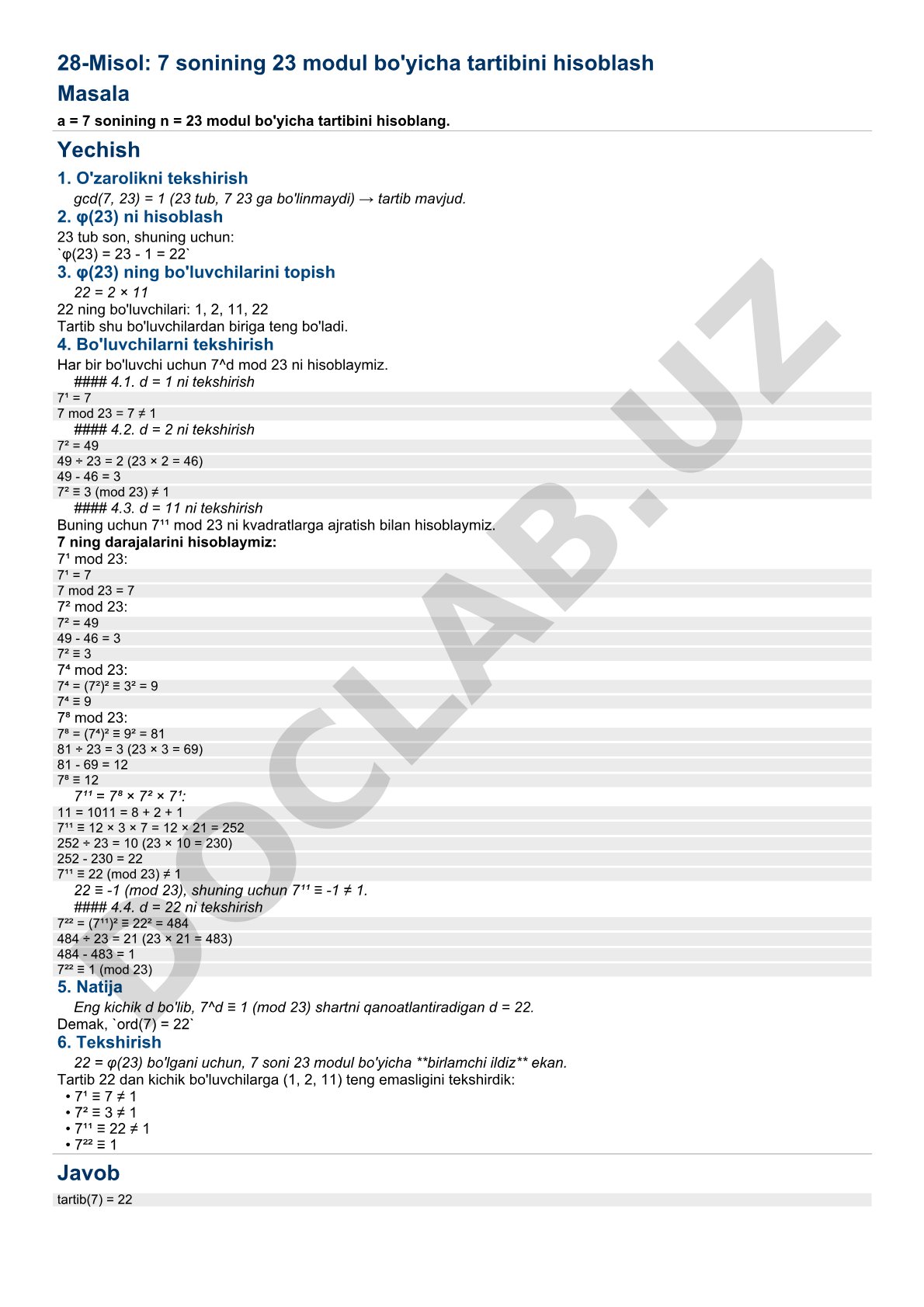7 sonining 23 modul bo'yicha tartibini hisoblash