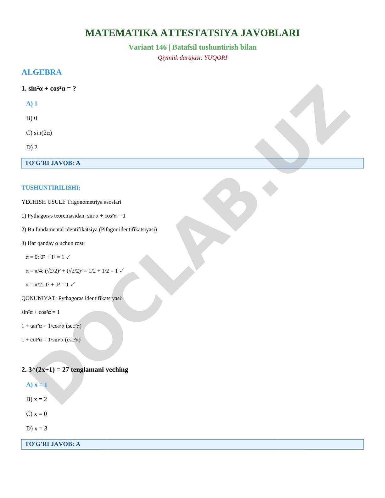 Matematika attestatsiya Variant 146 algebra masalalari