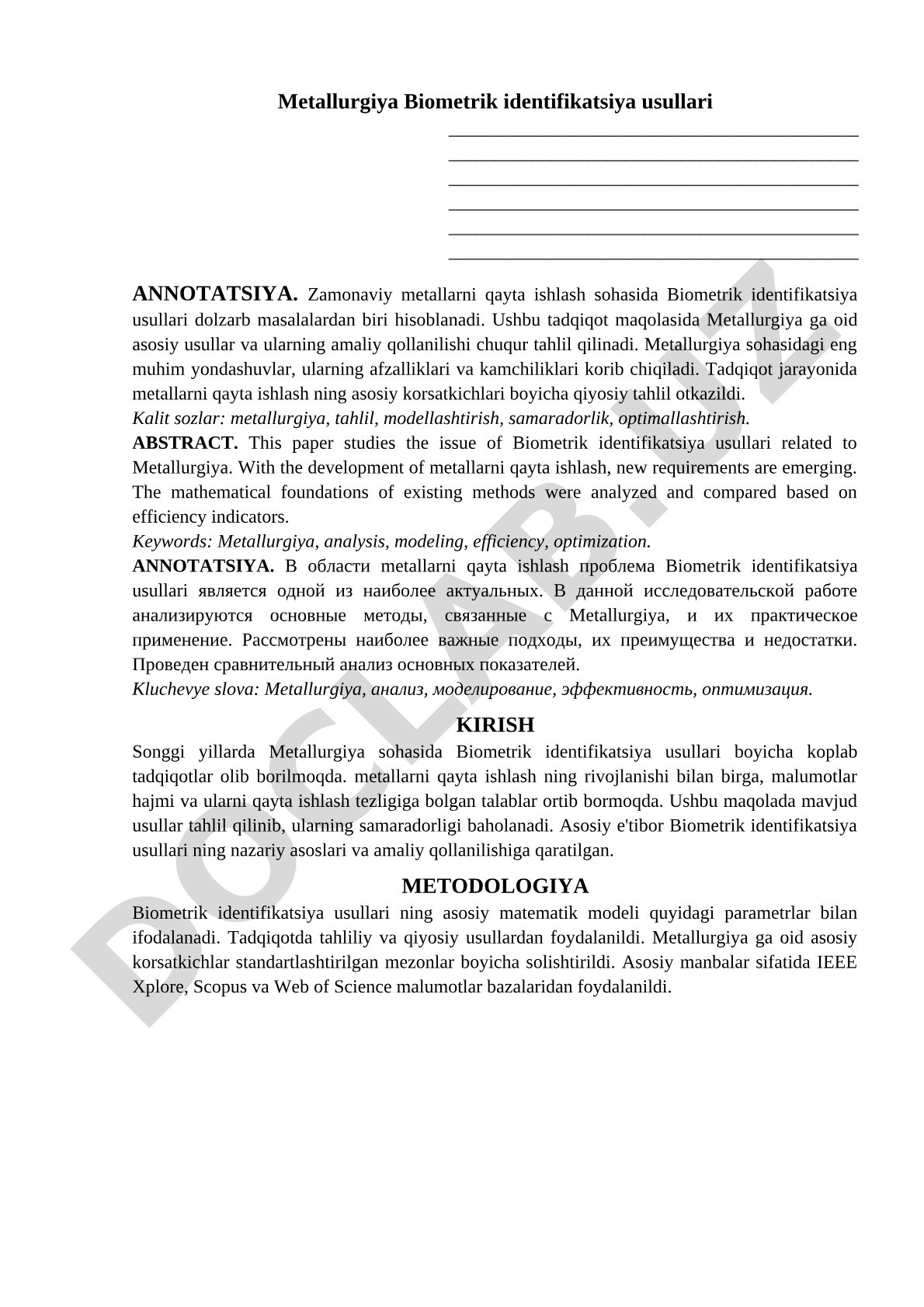 Metallurgiya Biometrik identifikatsiya usullari
