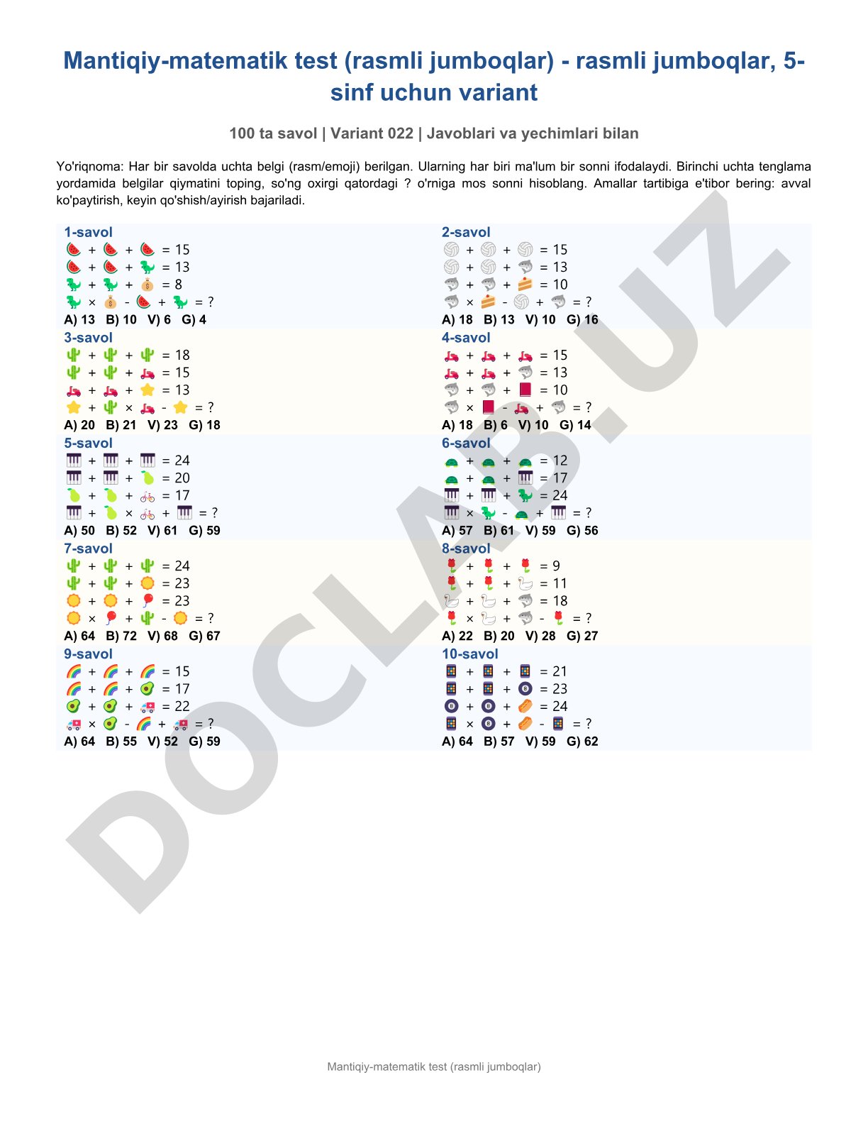 Mantiqiy-matematik test (rasmli jumboqlar)